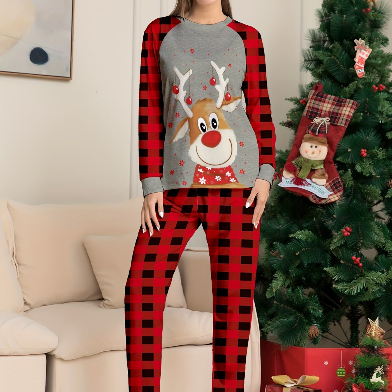 Plaid Print Christmas Pajama Set, Long Sleeve Crew Neck Top & Elastic  Waistband Pants, Women's Sleepwear & Loungewear