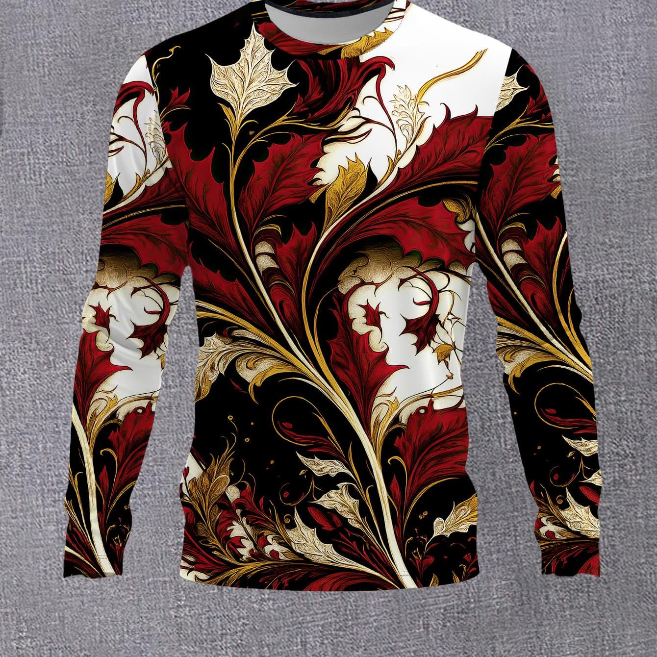 TEMU Men's Round Neck Long Sleeve Floral Versatile Autumn Fashion Slim Fit Plant Flower Pattern Base Shirt