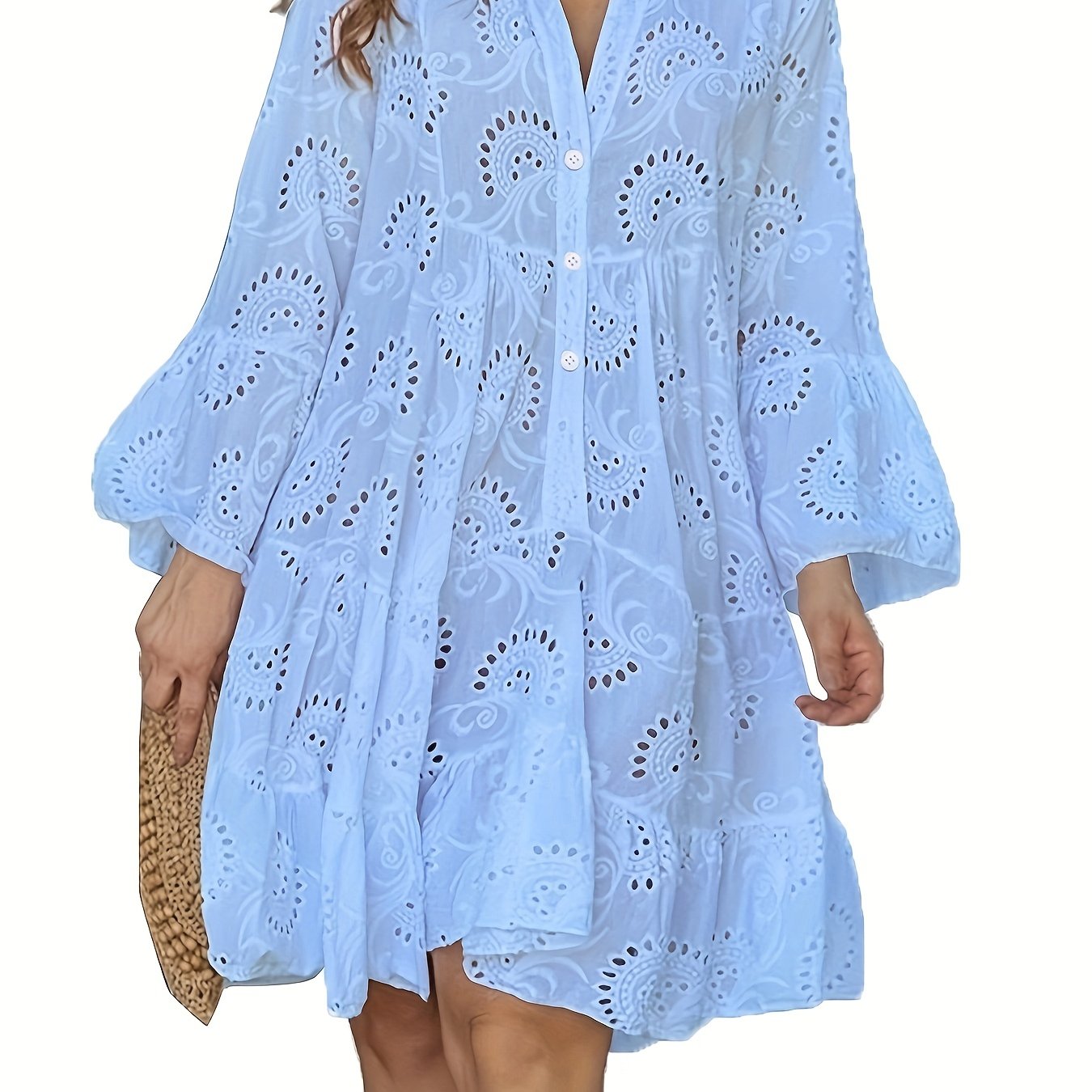 Women's Flared Sleeve Loose V-neck Shirt Dress