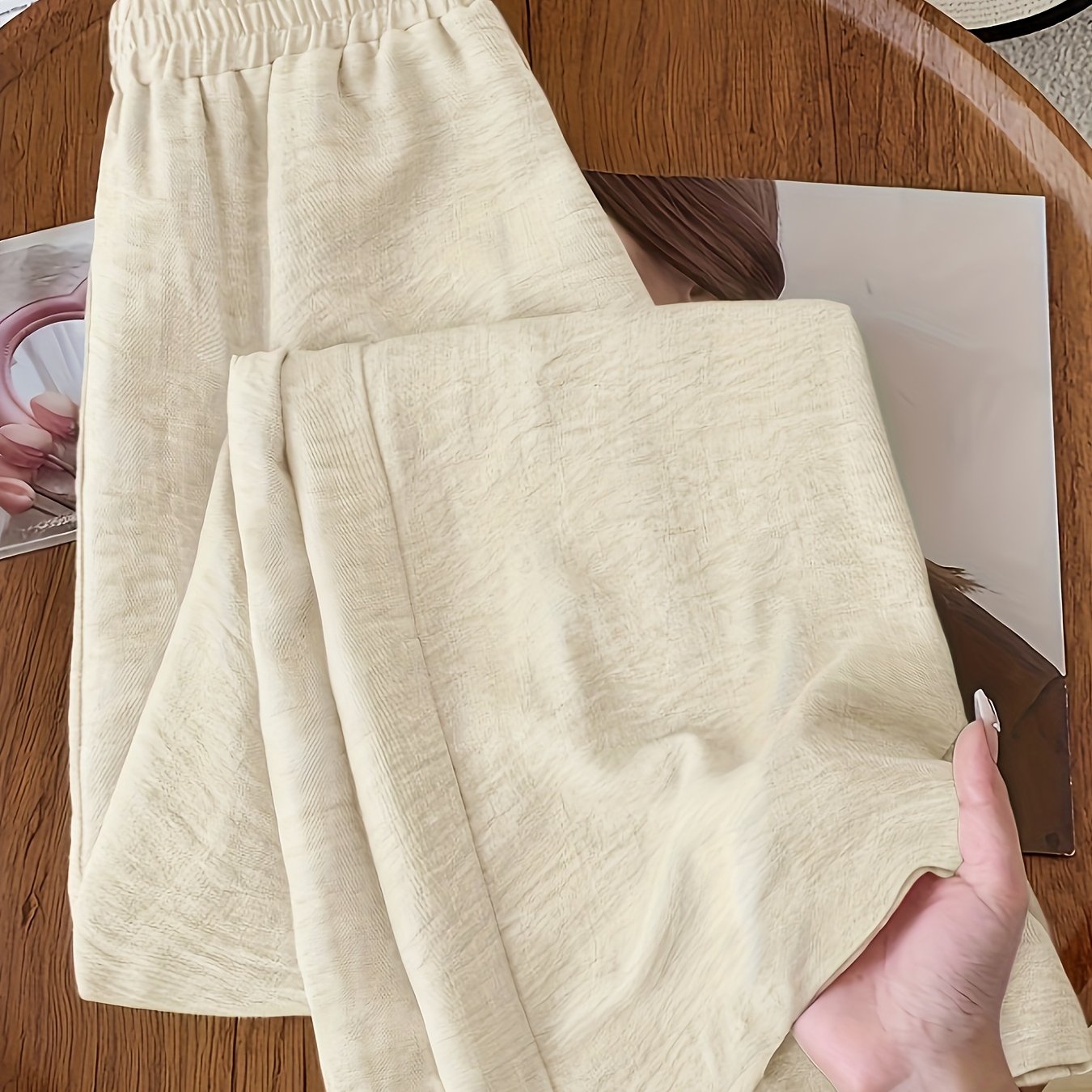 TEMU Women's Elegant High-waist Wide-leg Pants - Solid Olive Green, , Durable And Material, Versatile Casual To Formal Wear, High-waist Leggings,