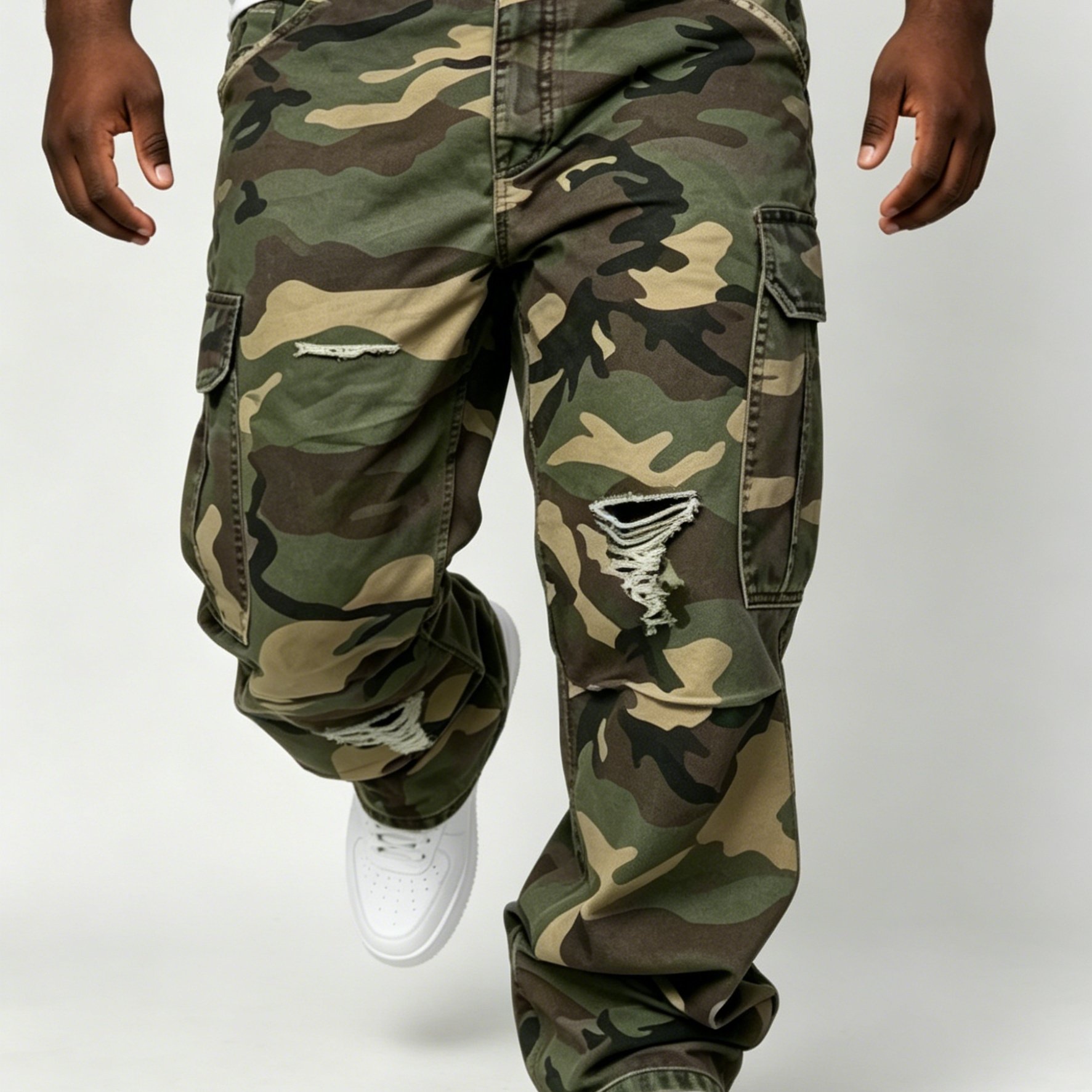 TEMU Men's Camouflage Ripped Denim Jeans With Built-in Y2k Zipper - Loose Straight Leg Camo Pants, Soft Machine Washable Fabric Suitable For Casual