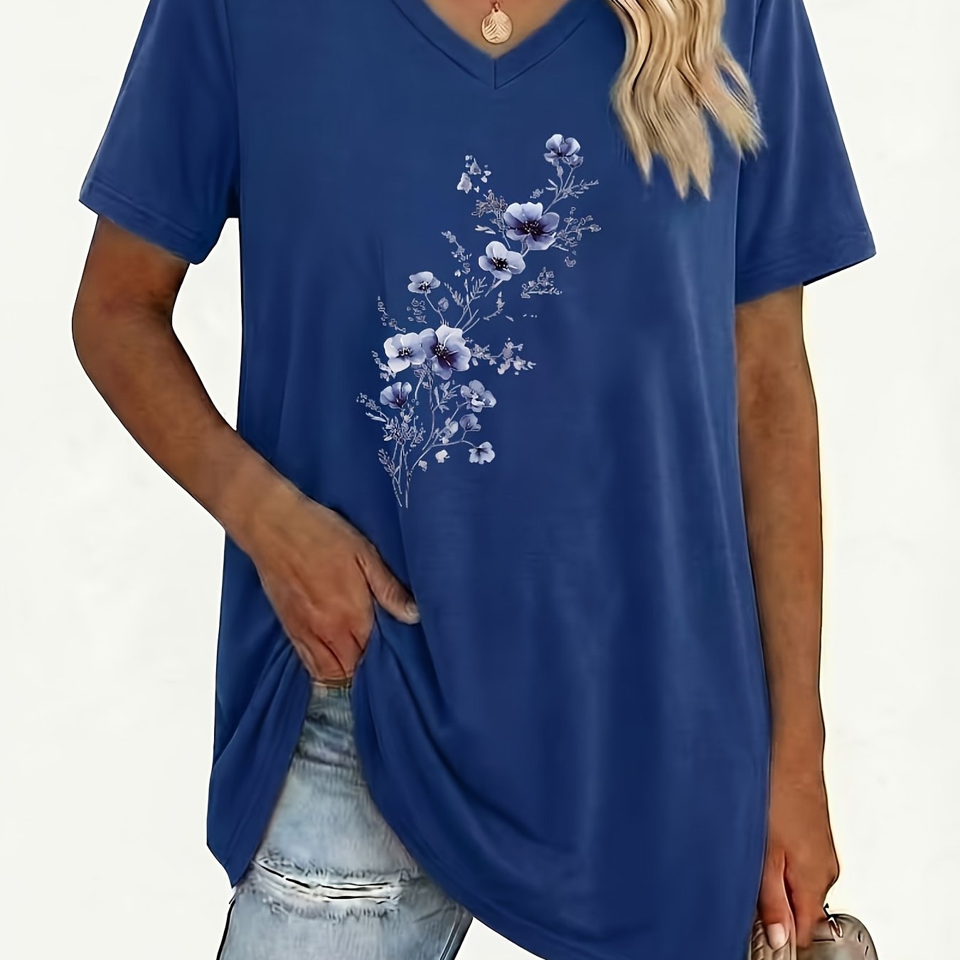 TEMU Plus Size Women's V-neck Geometric Pattern T-shirt