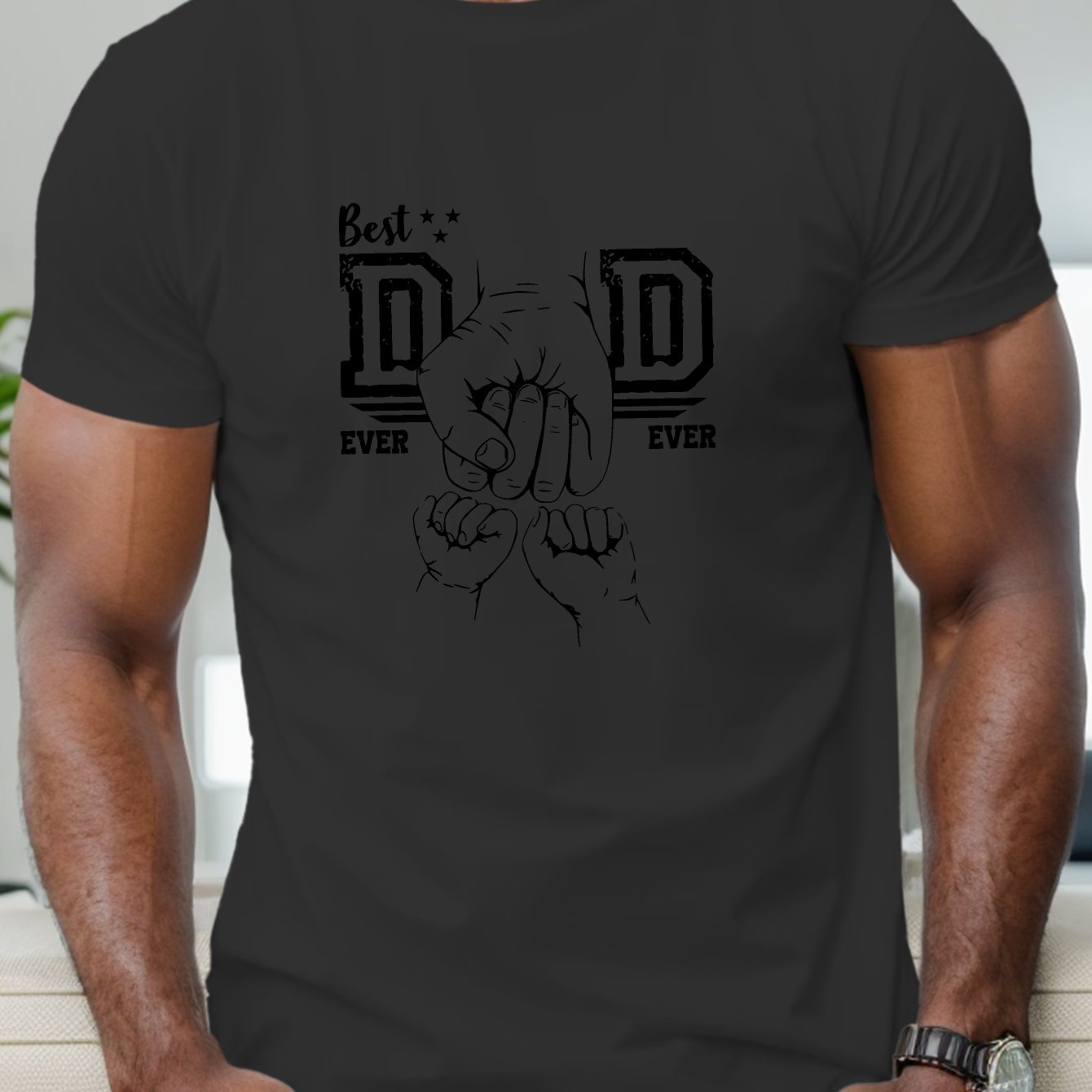 TEMU Best Dad Ever" Men's Casual Short Sleeve T-shirt - Breathable Polyester, Geometric Print, Round Neck - Perfect For Summer