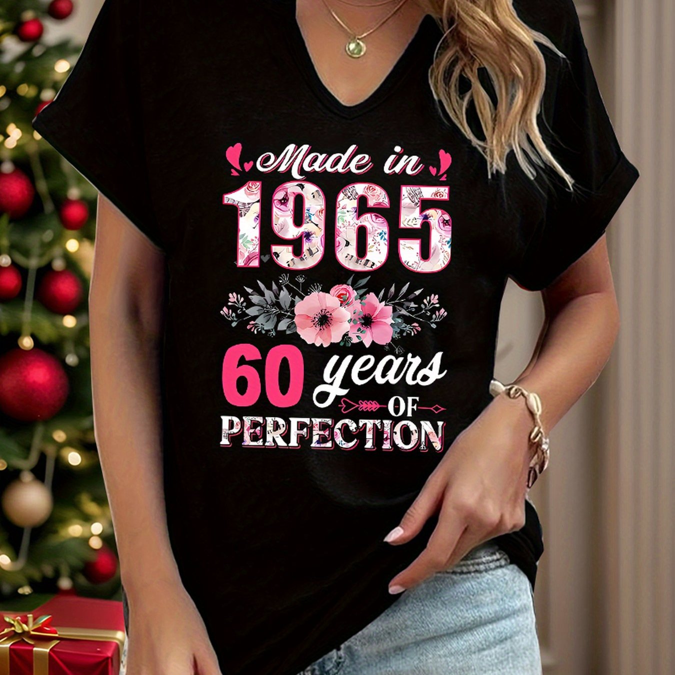 TEMU Women's "made In 1965, 60 Years Of Perfection" Graphic Tee - V-neck Short Sleeve Summer Casual Top With Floral & Design, Light Gray, Fashionable