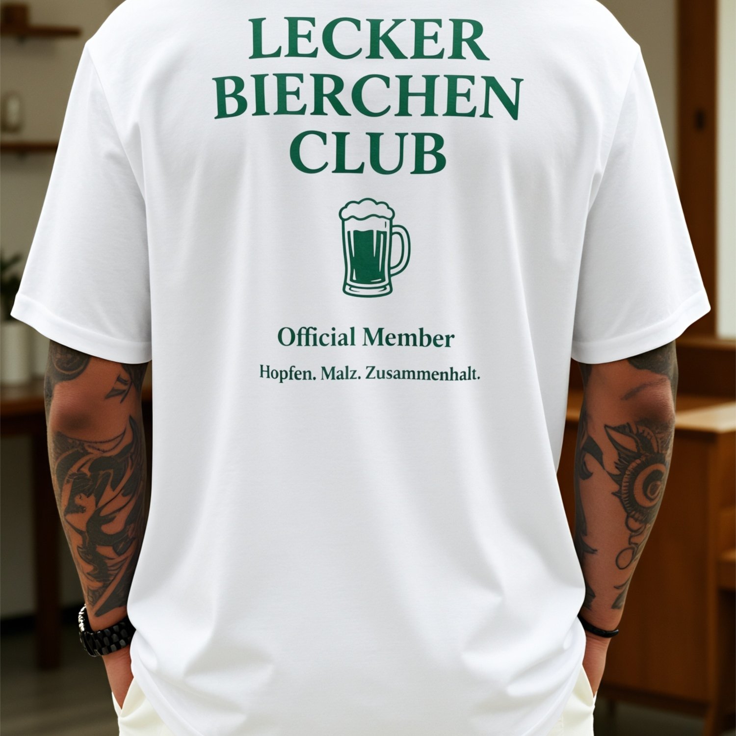 Image of Men's Bierchen Club Beer Mug Back Print T-shirt - Casual Round Neck Suitable For Beer Lovers, Machine Washable - Comfortable Shirt With Beer For Social Gatherings & Casual Attire