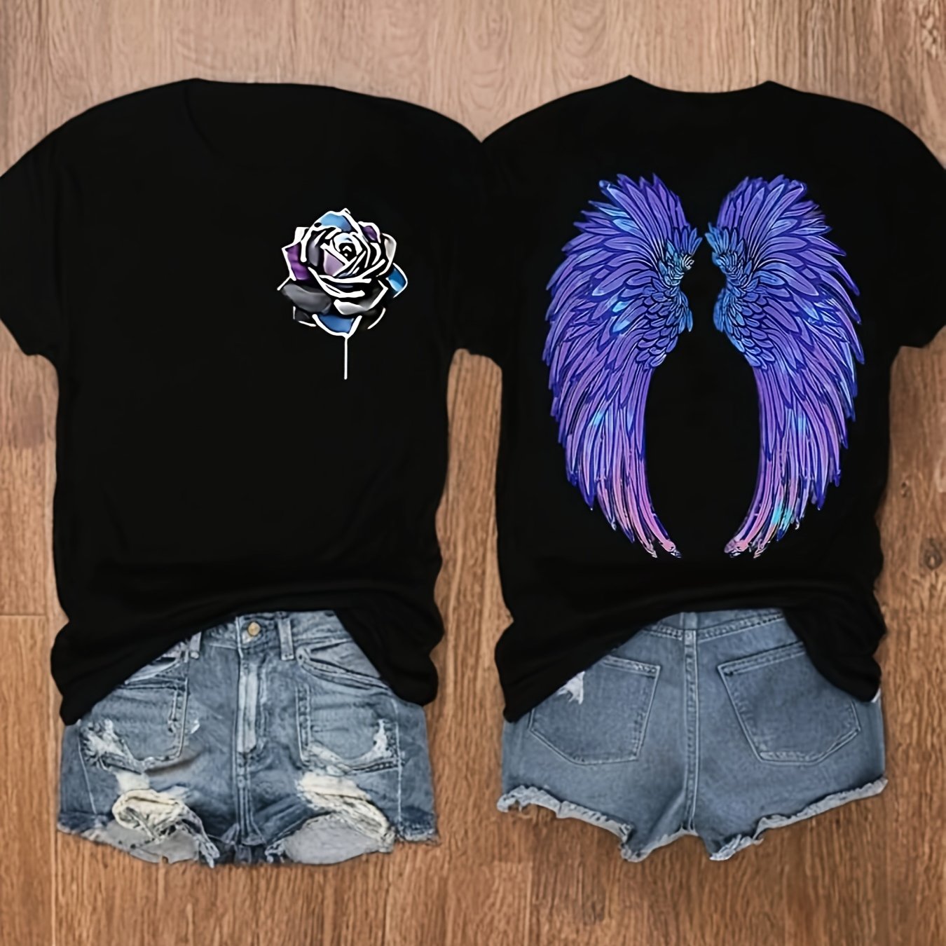TEMU Haut à manches courtes imprimé ailes et plumes, col rond, décontracté pour femmes, vêtements pour femmes, coupe confortable, design