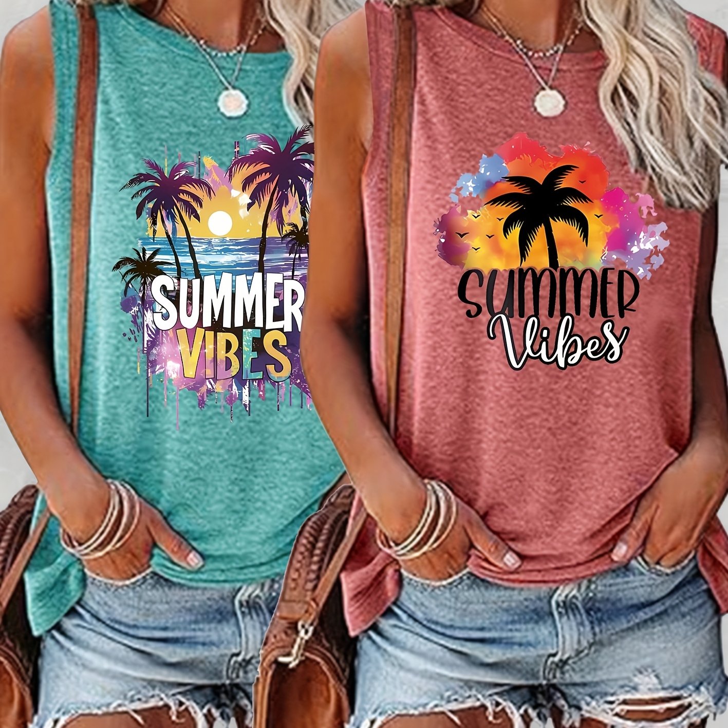 TEMU 2pcs Set Minimalist Retro Summer Coconut Tree Sunset Letter Print Round Neck Vest Top, Vintage Casual Women's Clothing In Multiple Colors S-xxl