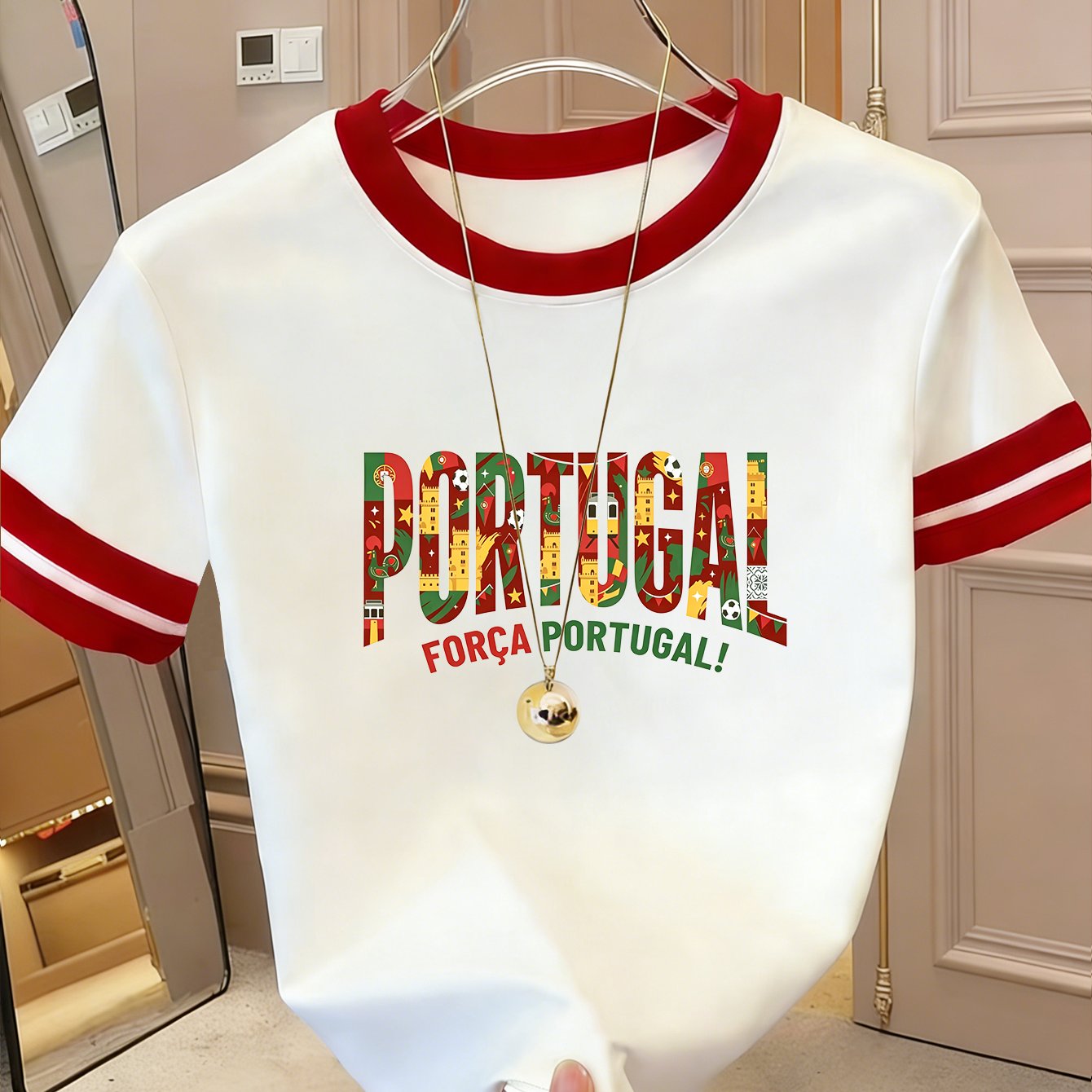 TEMU Portuguese Football Fan Shirt - Short-sleeve T-shirt With Portuguese Lettering & Football Print, Round Neck Casual Beachwear Suitable For ,