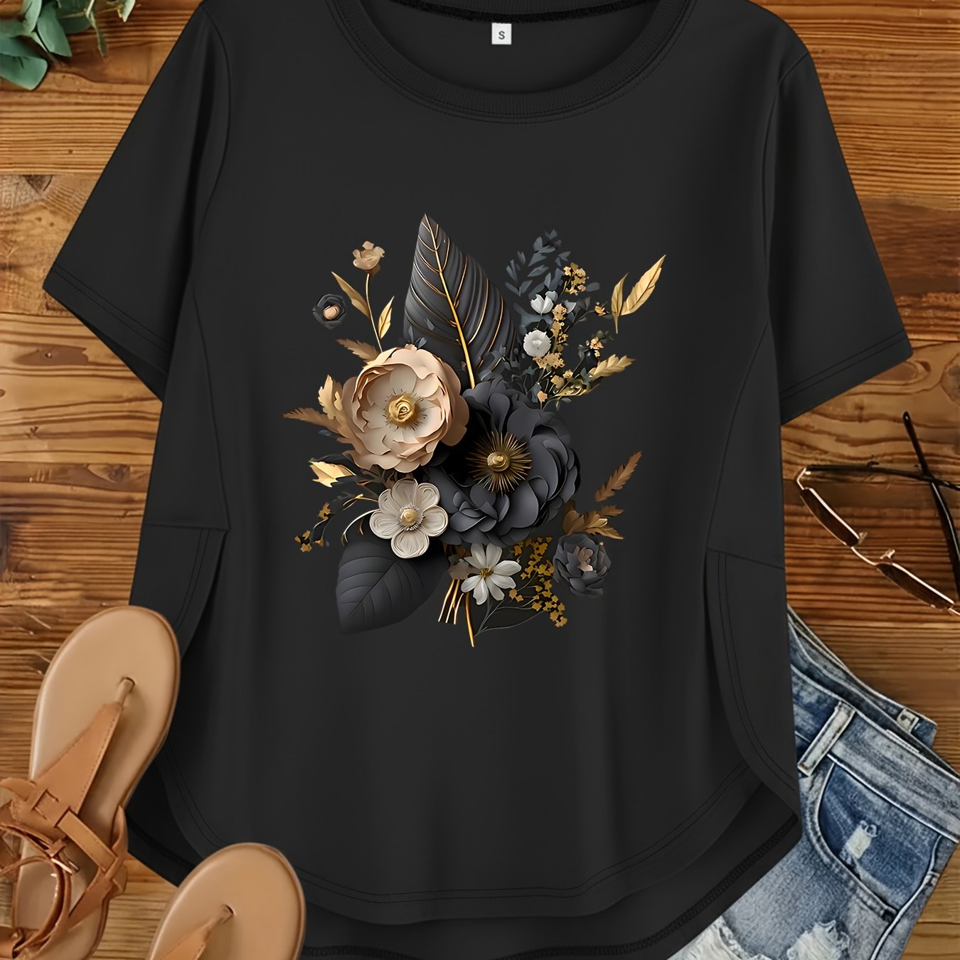 TEMU Plus Size, Plus Size Women's Loose Crew Neck Printed Short Sleeve T-shirts For