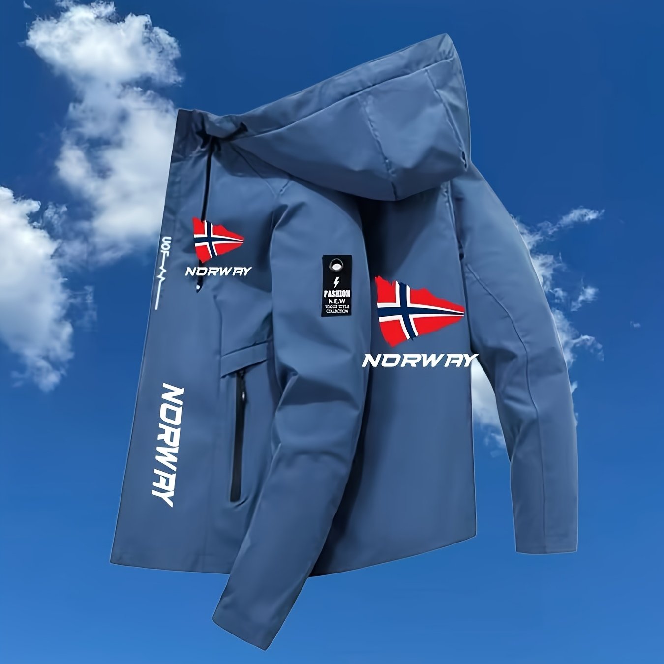 TEMU Men's Fashion Norwry Logo Casual Lightweight Outdoor Hooded Zip-up Windbreaker, Made Of Durable Polyester, Featuring Zip Pockets And Adjustable