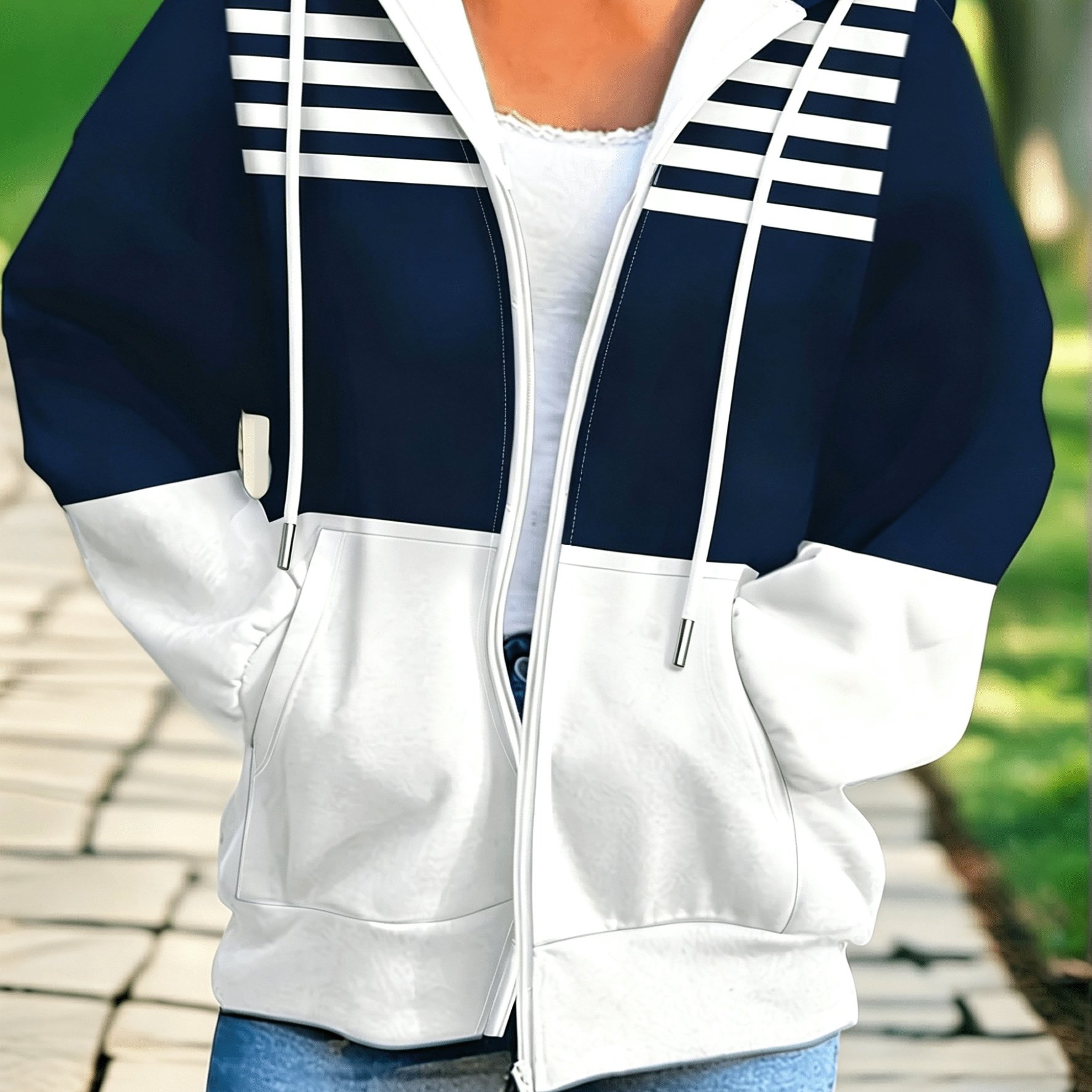 TEMU [printed Design – Not Textured] Women's Casual Y Striped Hoodie - Loose Fit Zipper Drawstring Design - /autumn Versatile Sweatshirt For