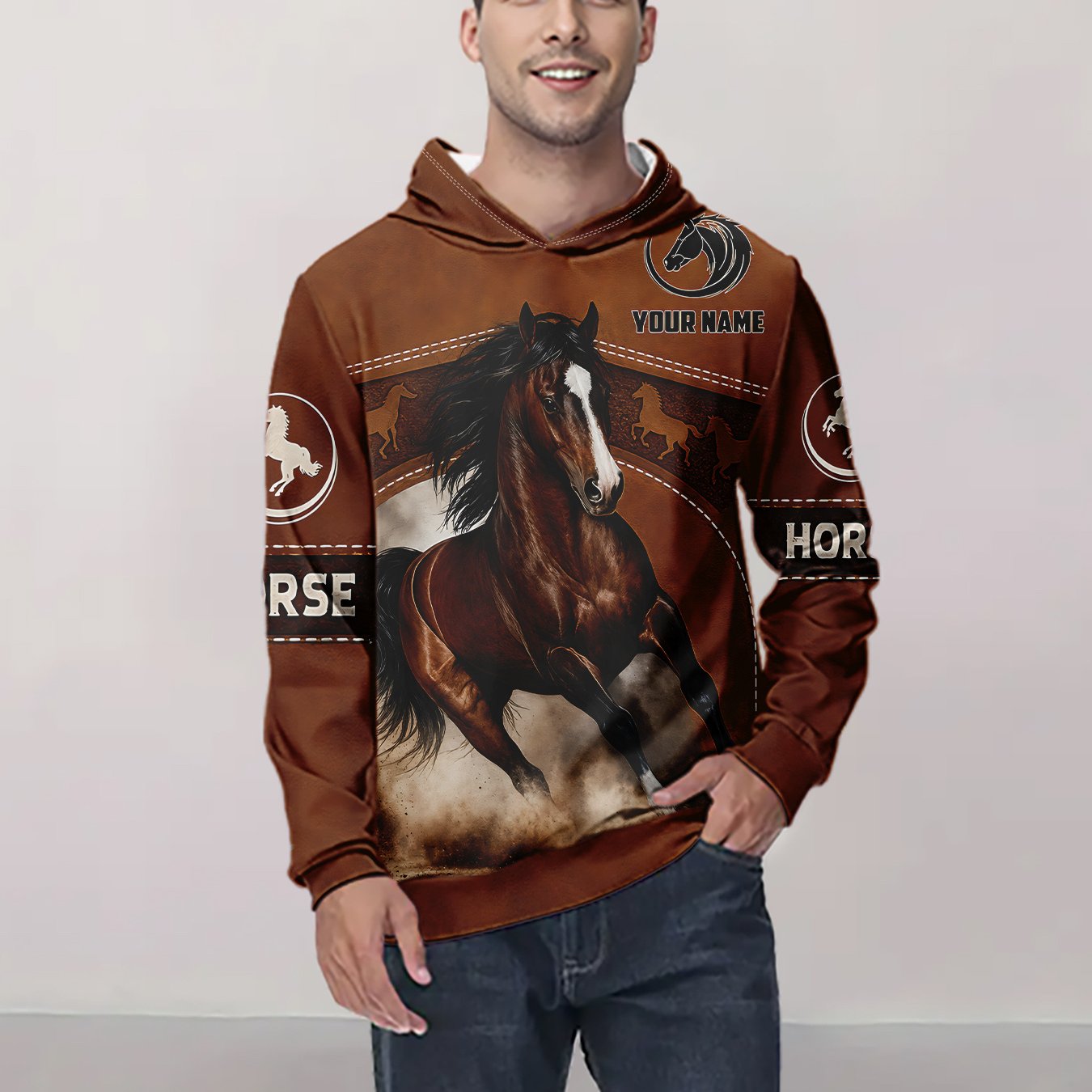 TEMU Men's Hooded Sweatshirt Running Graphic Pullover Western Cowboy Theme Print Hip Hop Streetwear Trendy Male Tops