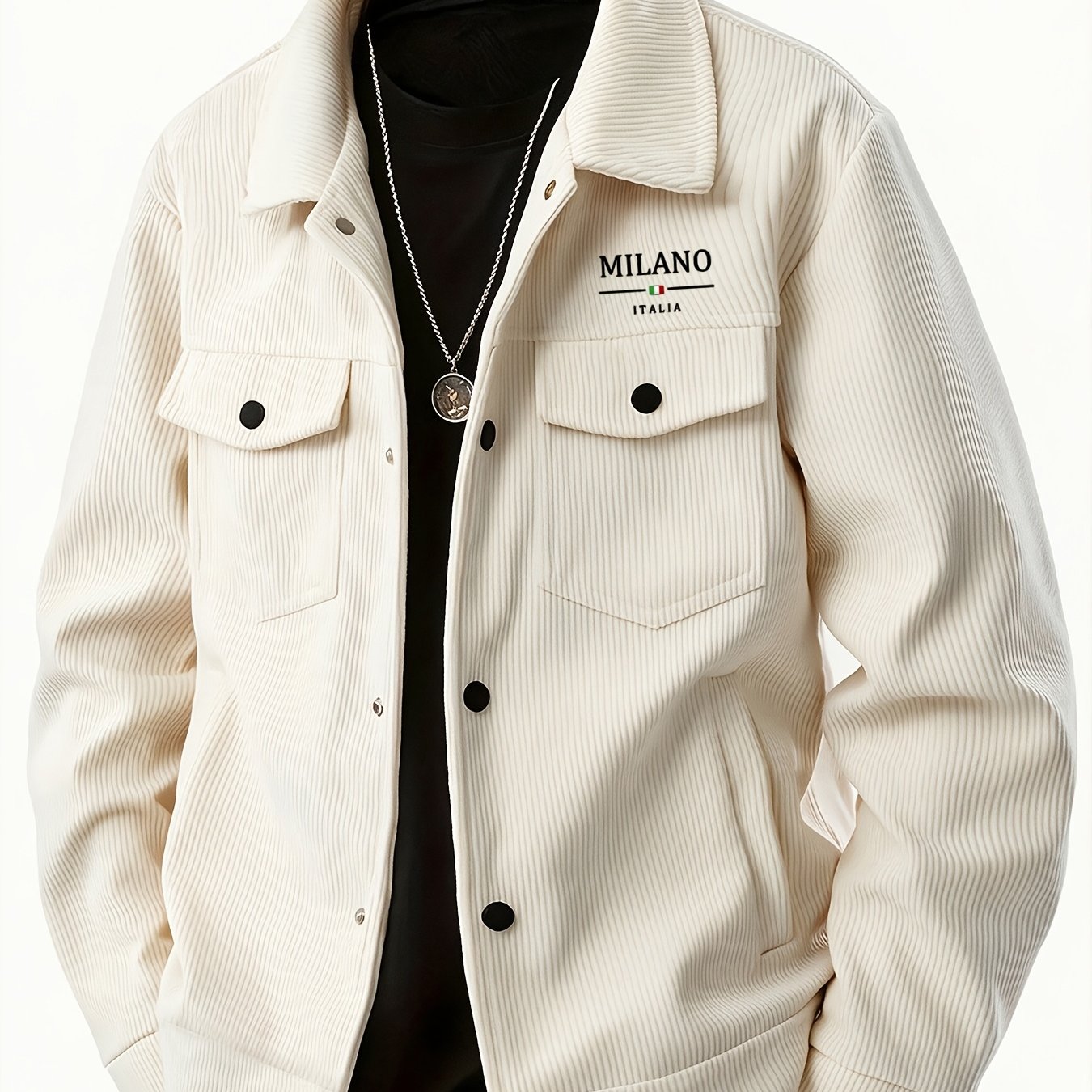 TEMU [ Obm] Men's Corduroy Lapel Cargo Jacket, Italian Light , Letter Print Double Button Pockets And Pinstripe Fabric, Spring/autumn Mid-age Men's