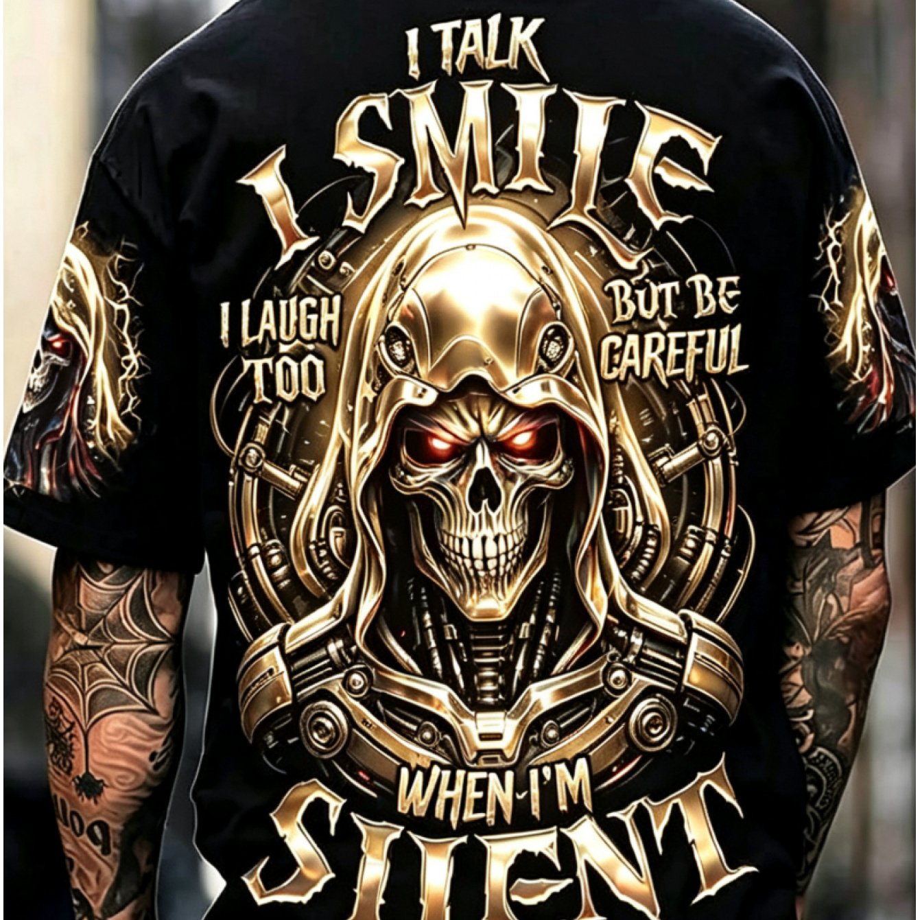 TEMU [printed Design â Not Textured] Men's Cyber Reaper Skull Full-back Print Short-sleeve T-shirt, Hardcore Dark Style Casual Top, A Fashionable An