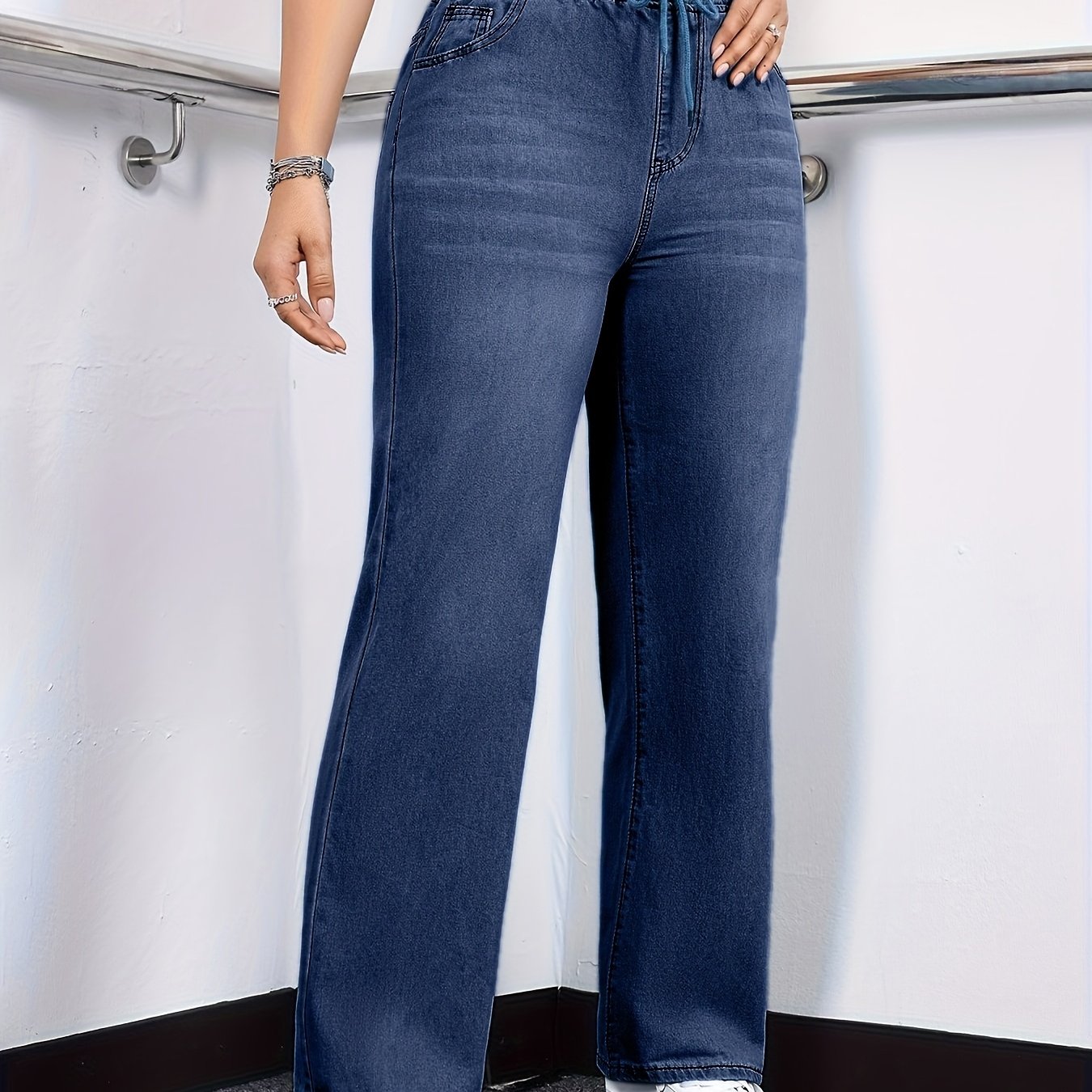 TEMU Jeans For Women Featuring A Comfortable Drawstring Elastic Waistband, Designed In A Washed Stretch Fabric For A Casual Look
