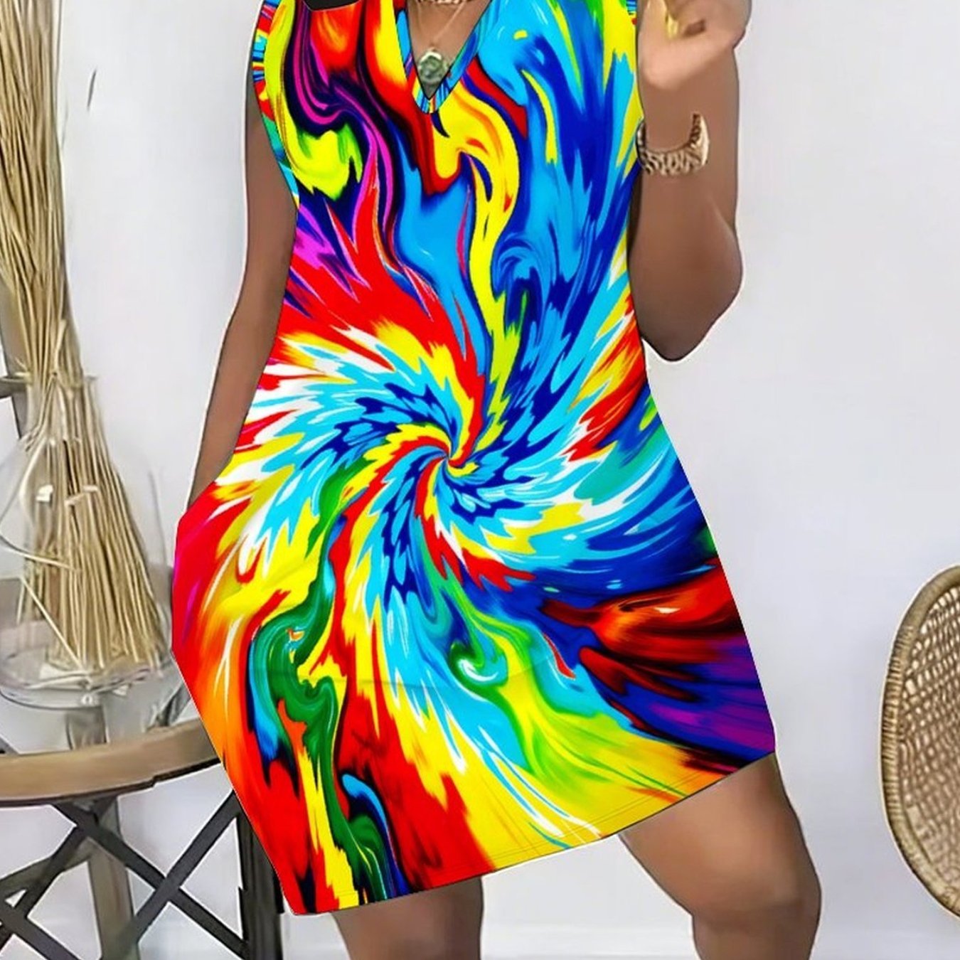 Plus Size, Summer Large-size Women's V-neck Vest With Pockets And Skirt, Featuring Geometric Pattern Printing Design, Suitable For Outdoor S And Daily Wear