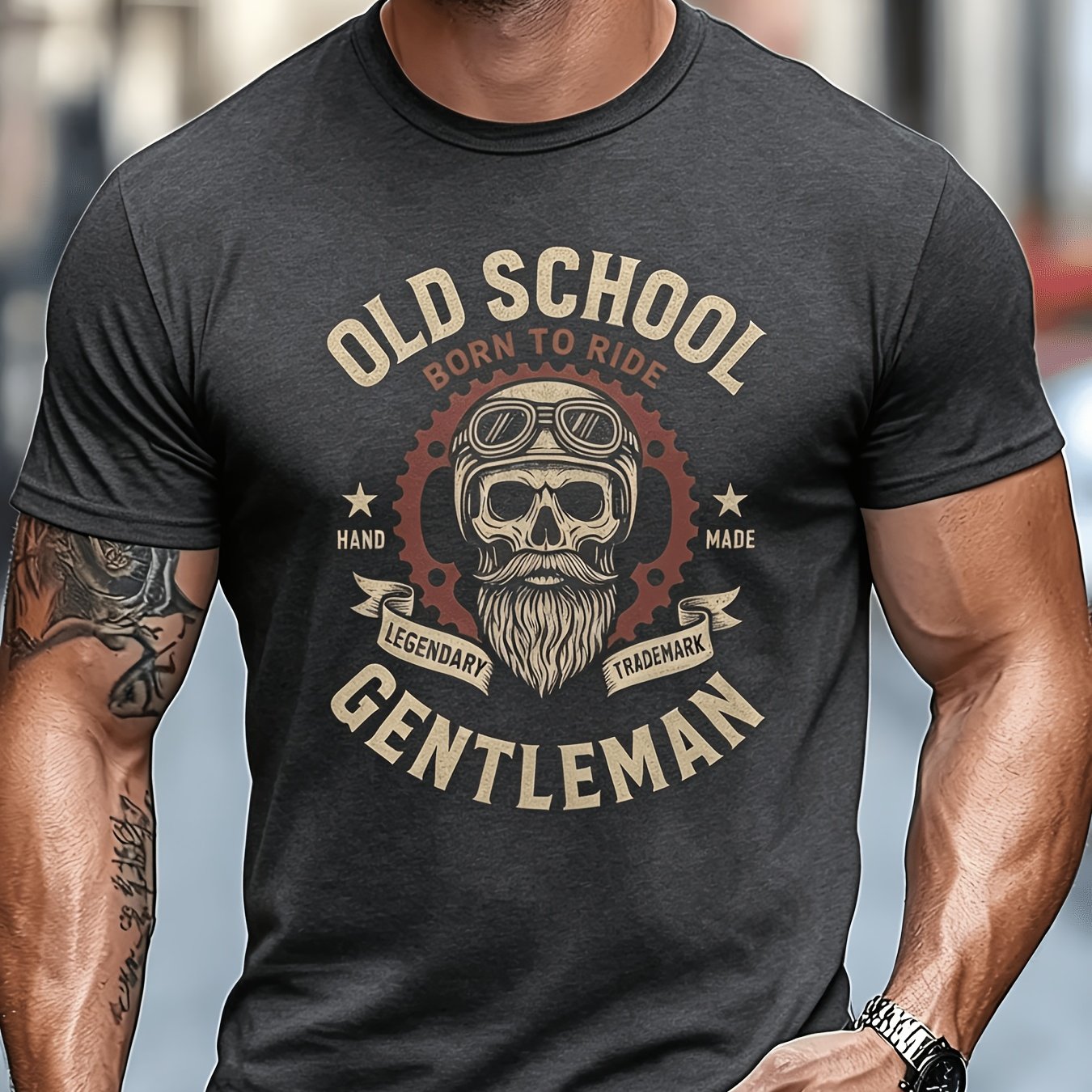 TEMU T-shirt pour homme à thème moto avec imprimé rétro, motif crâne au dos et '', col rond, t-shirt décontracté et polyvalent, tenue tendance d'été,