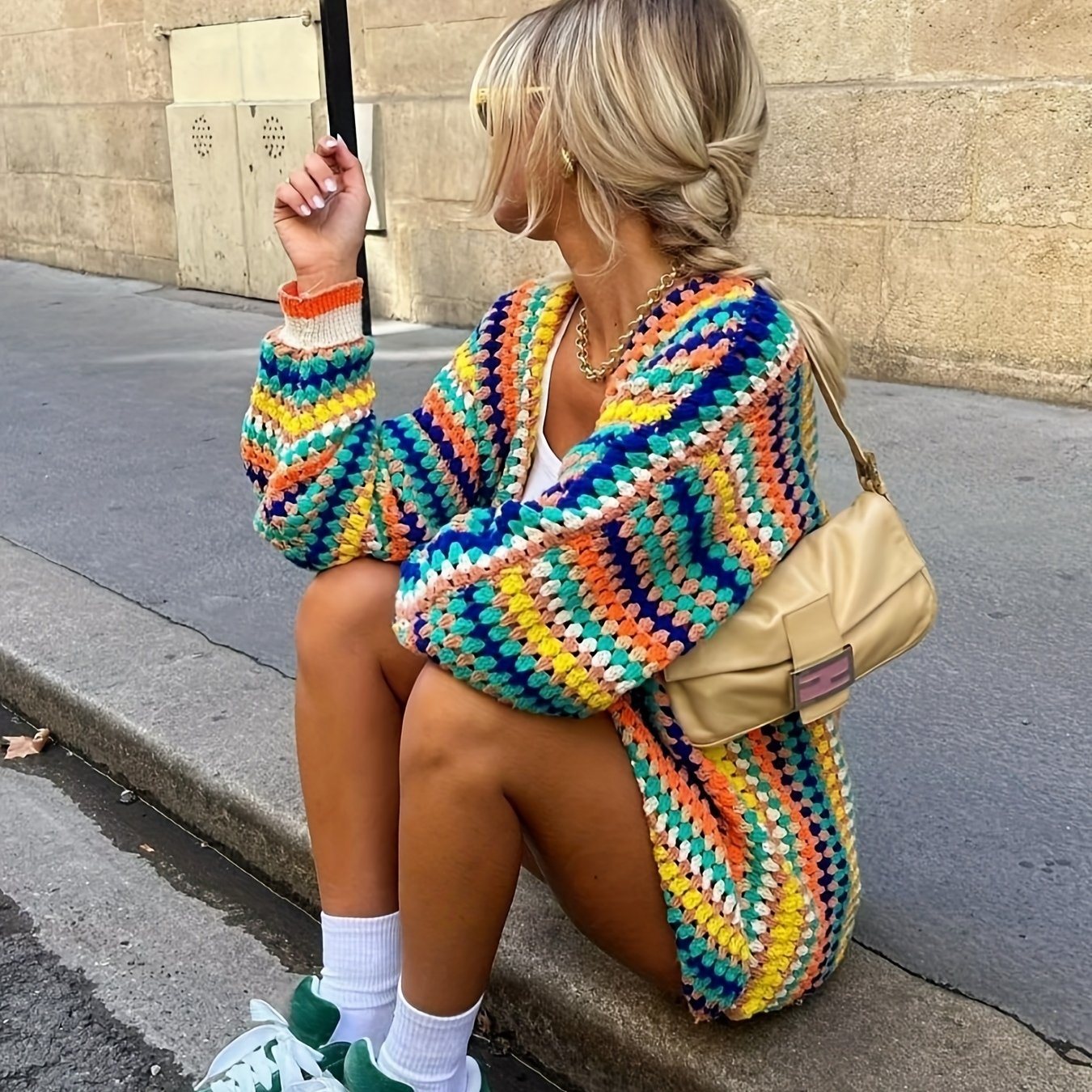 TEMU Zj0922002 Women's Oversized Casual Soft Cardigan, Striped Multicolor Long Sleeve Sweater, Bohemian Fall Coat
