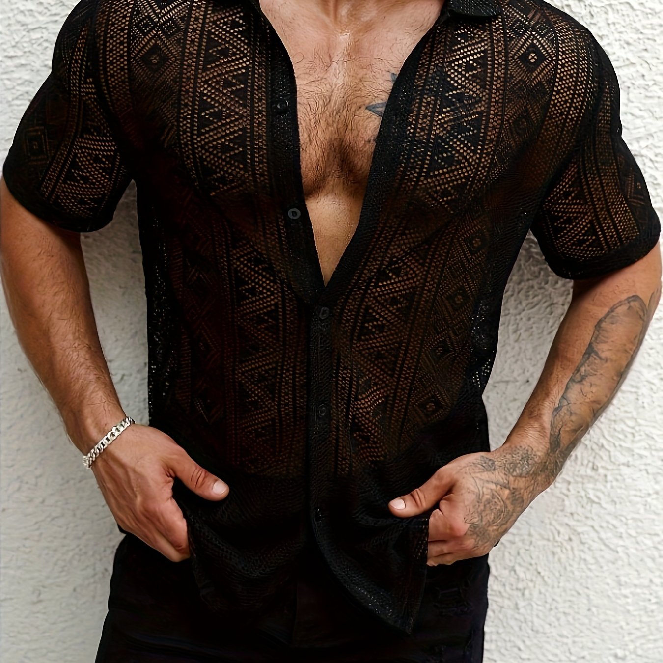 Men's Sexy Lace Semi-sheer Shirt, Casual Vacation Comfortable Hollow-out Breathable Short Sleeve