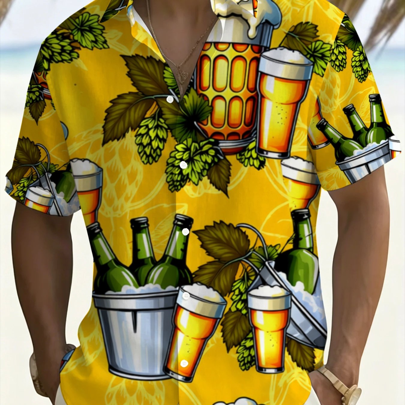 TEMU Yellow Beer Pattern Hawaiian Shirt, Men's Short Sleeve Vacation Casual Shirt, Trendy Print Beachwear, Plus Size