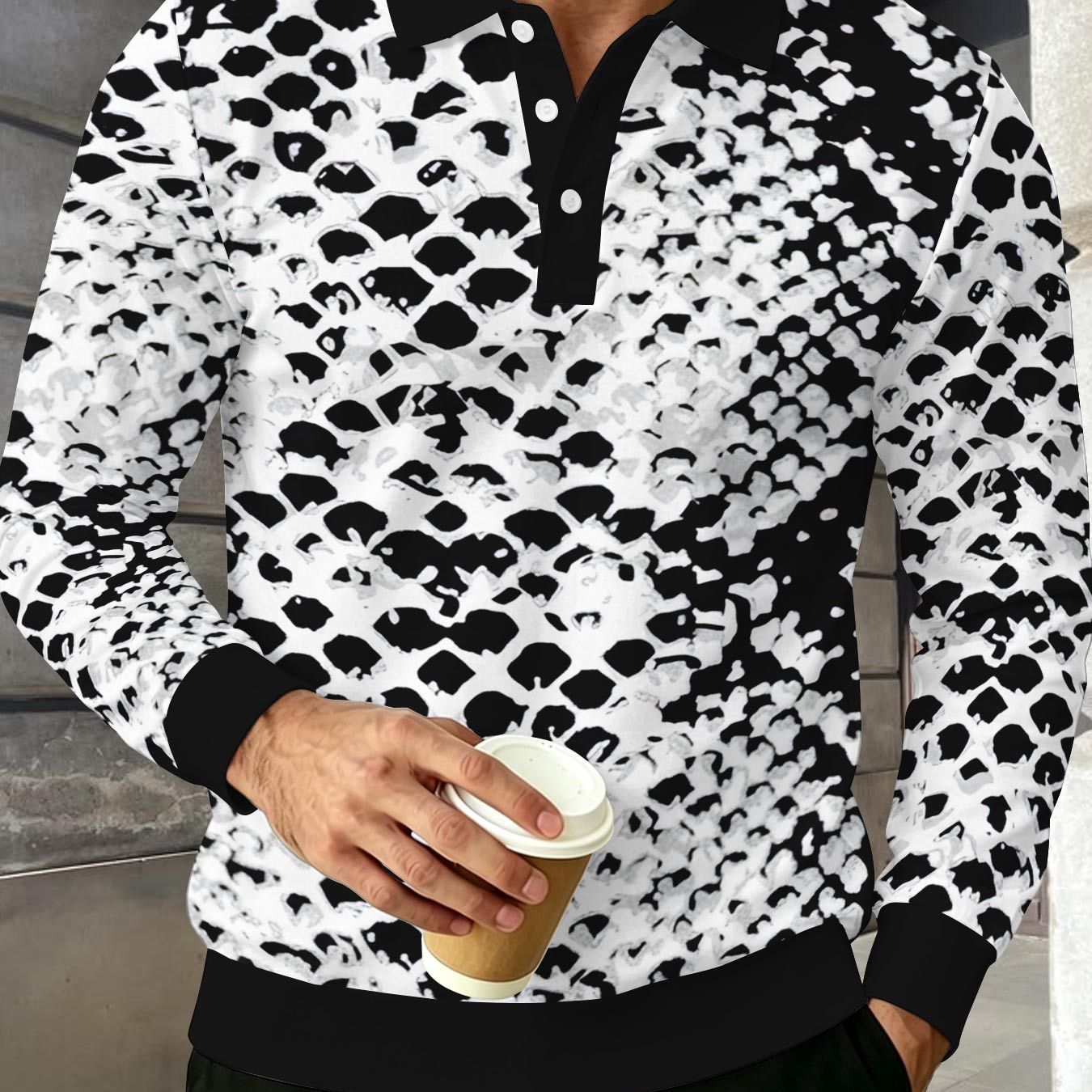 TEMU Color-block Men's Long Sleeve Shirt, Reversible Collar 3-button Casual Top Black And White Polka Dot Print Spring Autumn Business Golf Versatile
