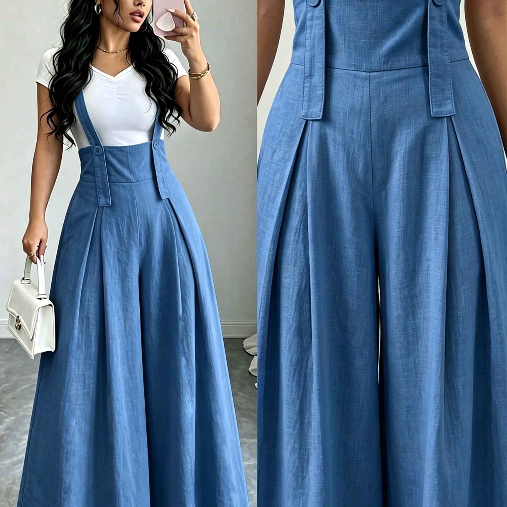 TEMU Combinaison Femme Taille Haute et Jambes Évasées, Tissu Texturé, Bretelles Décorées de Boutons, Coupe et Évasée, Pantalon Long Décontracté et