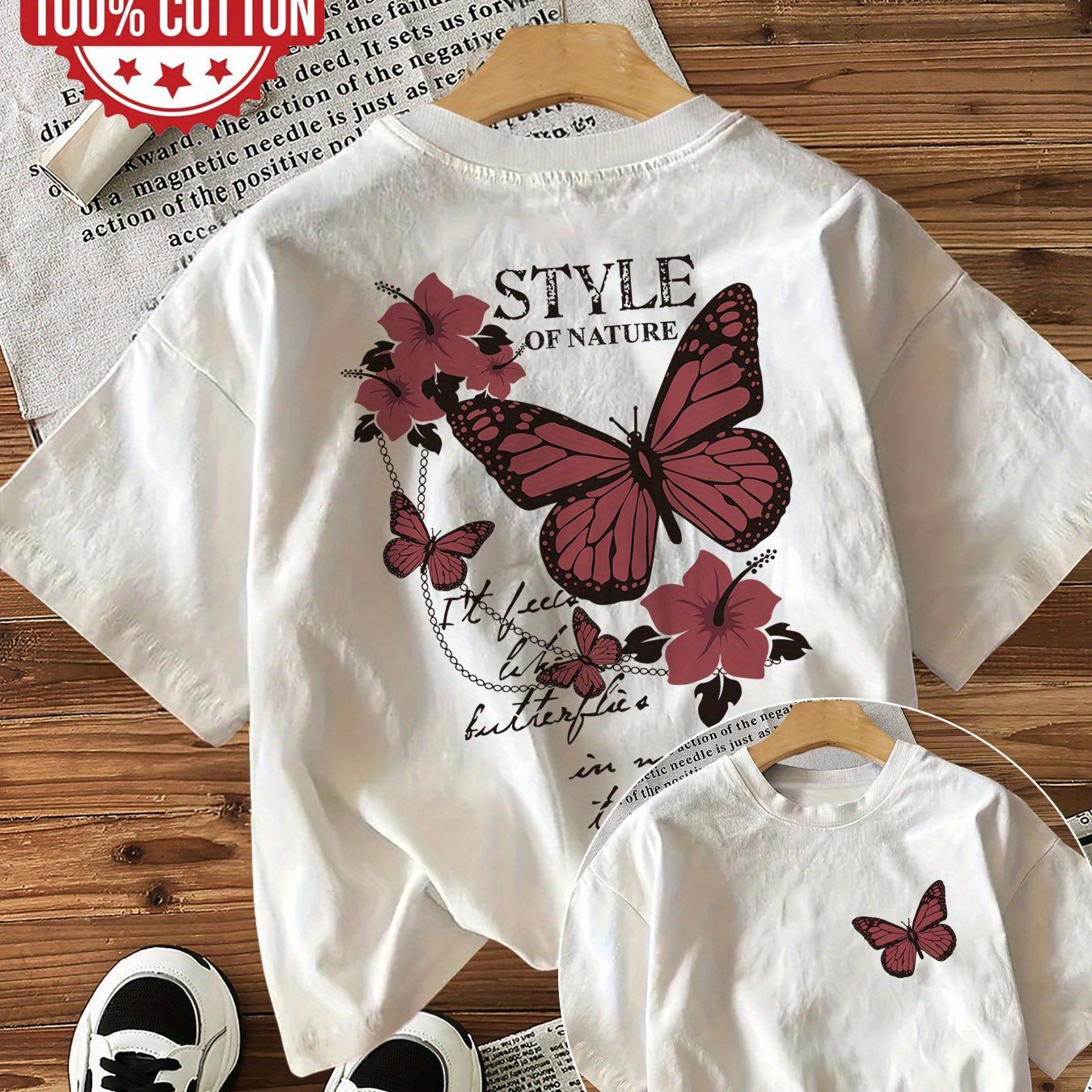 Image of Women's Casual Short Sleeve Crew Neck T-shirt- Dual-sided Floral Print With 'style ' Text, Machine Washable, , Cute T Shirts, Breathable Fabric, Durable Print Shirt Printed Shirts