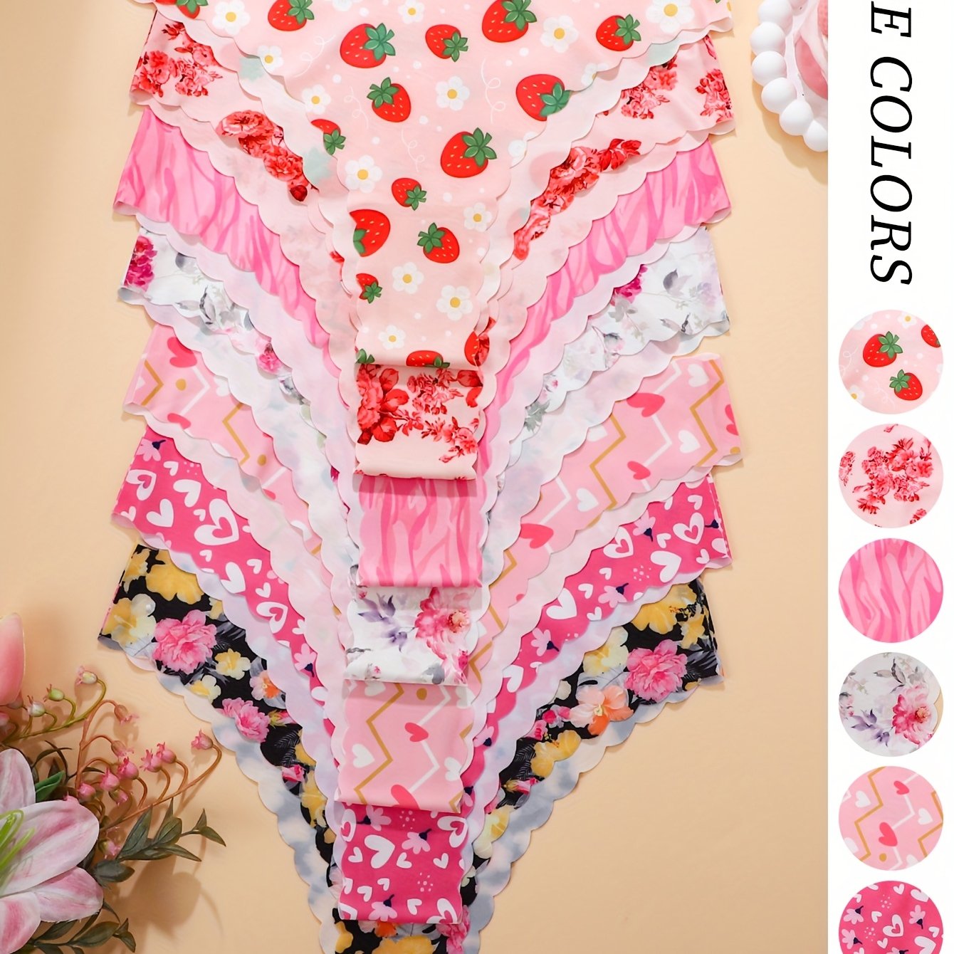 TEMU 7-pack - Women's Underwear With Heart & Flower Prints, Comfortable Seamless V-shaped Lift Waistband With Wavy Lace, Perfect For Sports And Fitness.