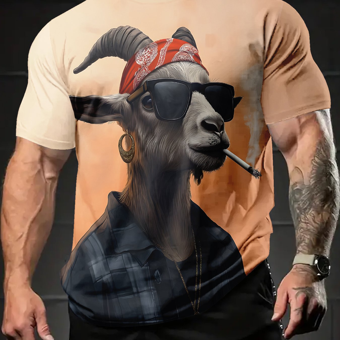 TEMU Men's Goat Graphic T-shirt - Summer Casual Round Neck Tee With , Breathable Machine-washable Fabric Suitable For Outdoor, Streetwear & Fan