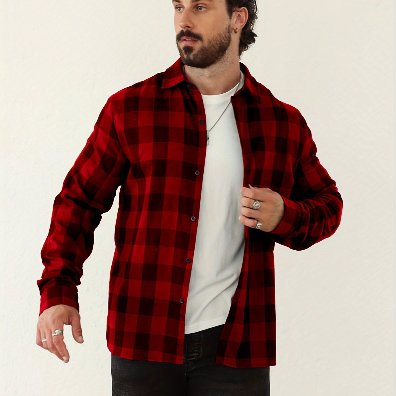 TEMU Camisa A Cuadros Elegante Para Hombres, Camisa Informal De Manga Larga Con Botones Y Solapa Transpirable Para Caminatas Por La Ciudad, Calles,