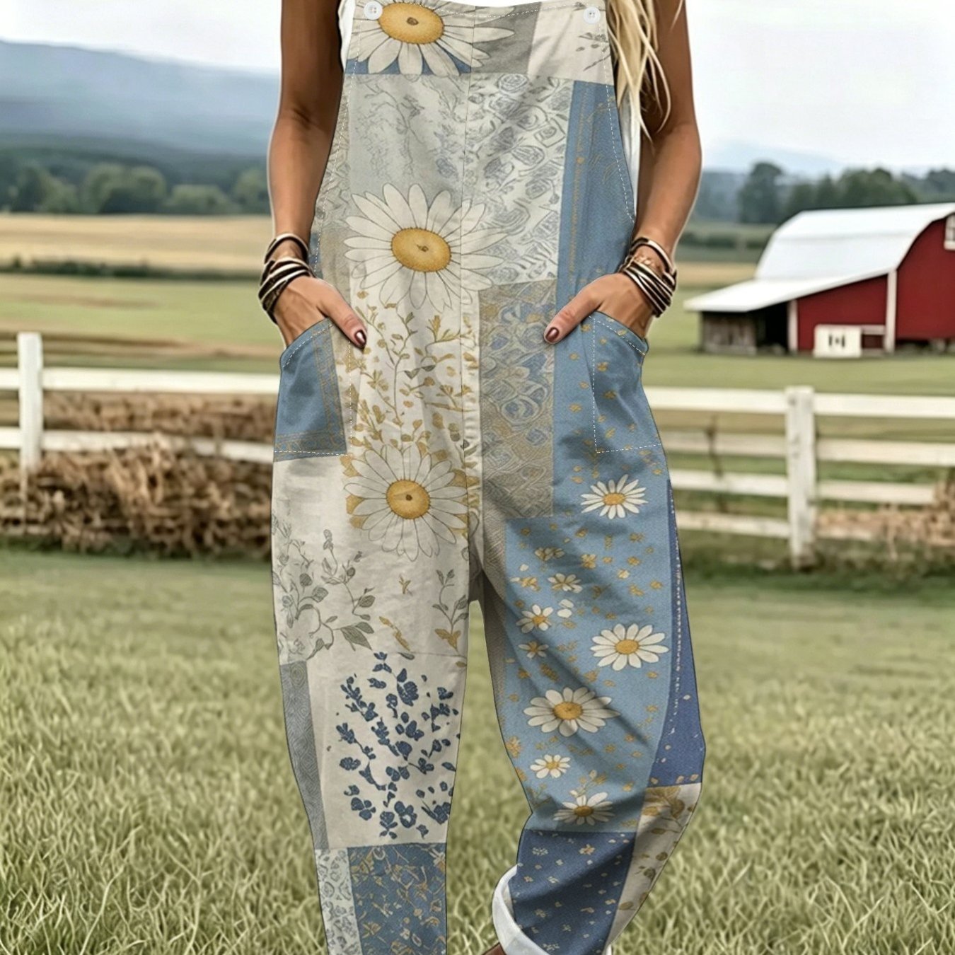 TEMU Women's Overalls - Full-body Floral Print With Pockets, Sleeveless Button Closure & Suspenders, Loose Fit For Spring Summer Fall | Machine