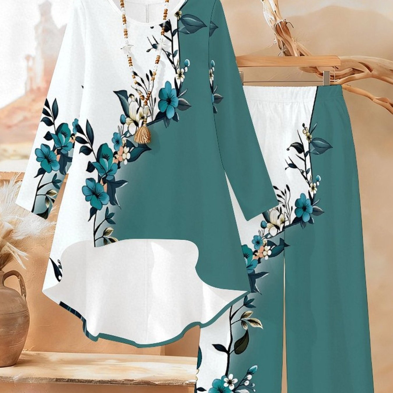 Image of Elegant Women's Pants Set With Botanical Floral Print, Crew Neck Long Sleeve Top (front Short Back Long) + Loose Long Pants, Wear, Mix-and-match Outfit, Ideal For Elegant Ladies