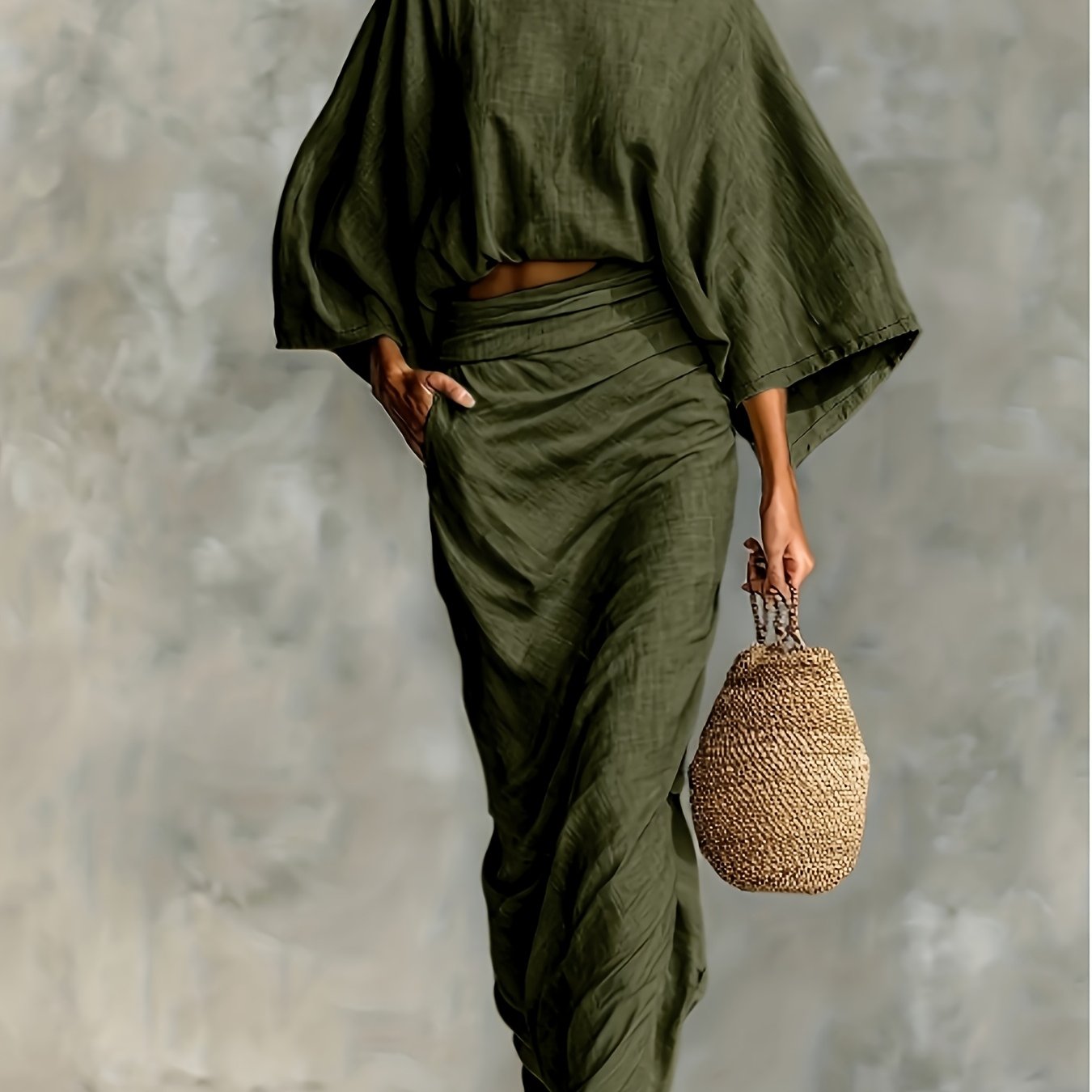 New -border Women's Fashion Elegant Women's Batwing Sleeve Sexy Crop Top Short Top Versatile Back Slit High-waist Half Skirt Long Dress Two-piece Casual Outfit