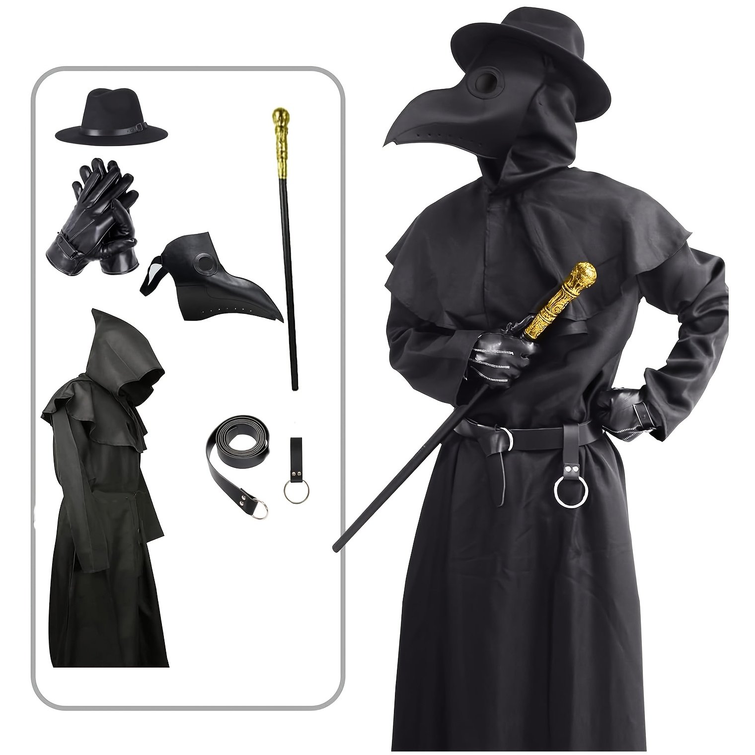 Halloween Costume Compatible For Plague Doctors With Bird Beak Mask, Black Cloak Robe With Hood