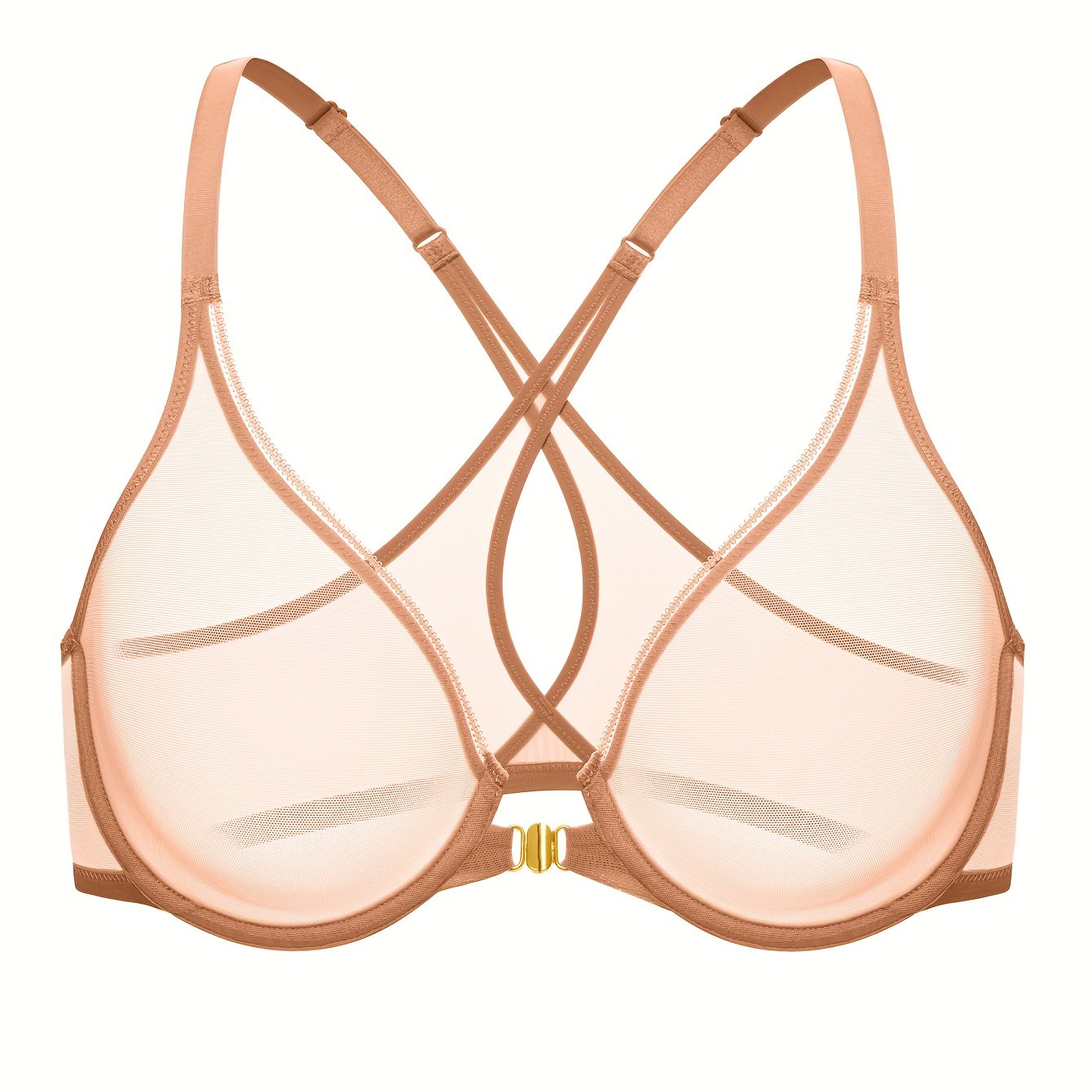 Image of Trendy Support Bra: Plus-size Demi Deep V Neck With Front Fastening, Transparent Mesh & Lace