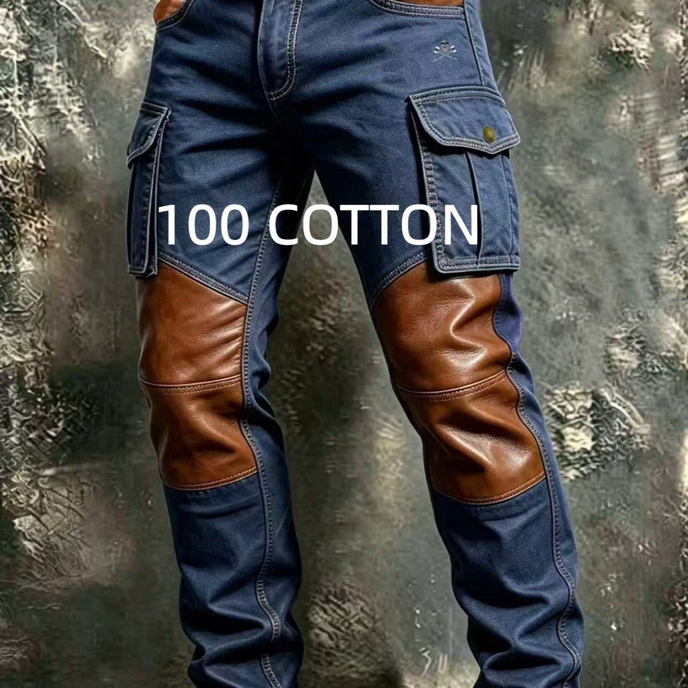 Street Trend Washed 100% Leather Cargo Pants Men's Belt Loop Large Side Flap Storage Pocket Long Trousers