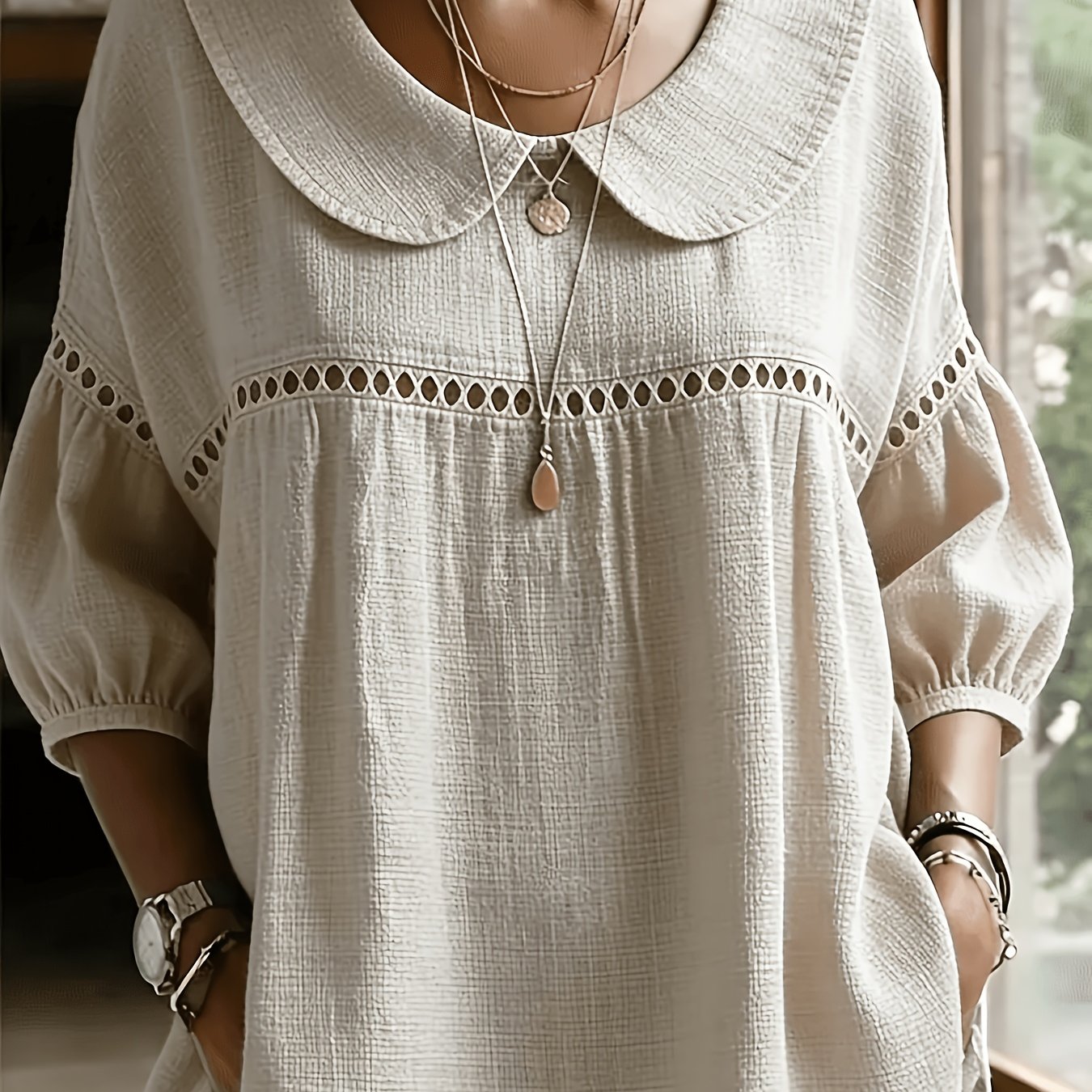 TEMU Women's Vintage Lace Top With Lantern Sleeves - Loose Fit Sleeve Suitable For, Machine Washable Solid Color Openwork Shirt, Retro Layering For