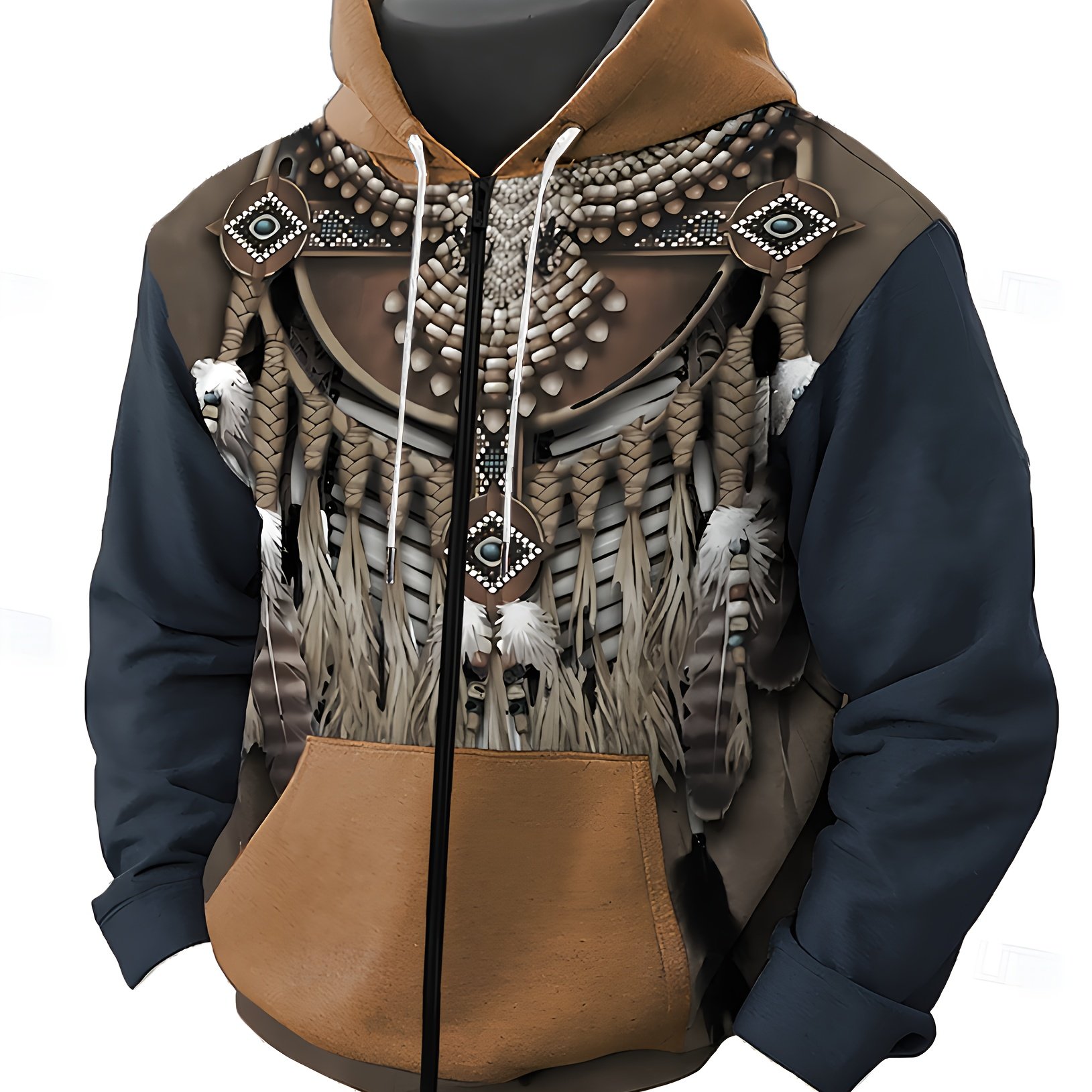Image of Men's Sporty Casual Hoodie With Unique Ethnic Patterns, Digital Printing, Zip-up, Double Hood, And Stylish Pockets, Plus Size