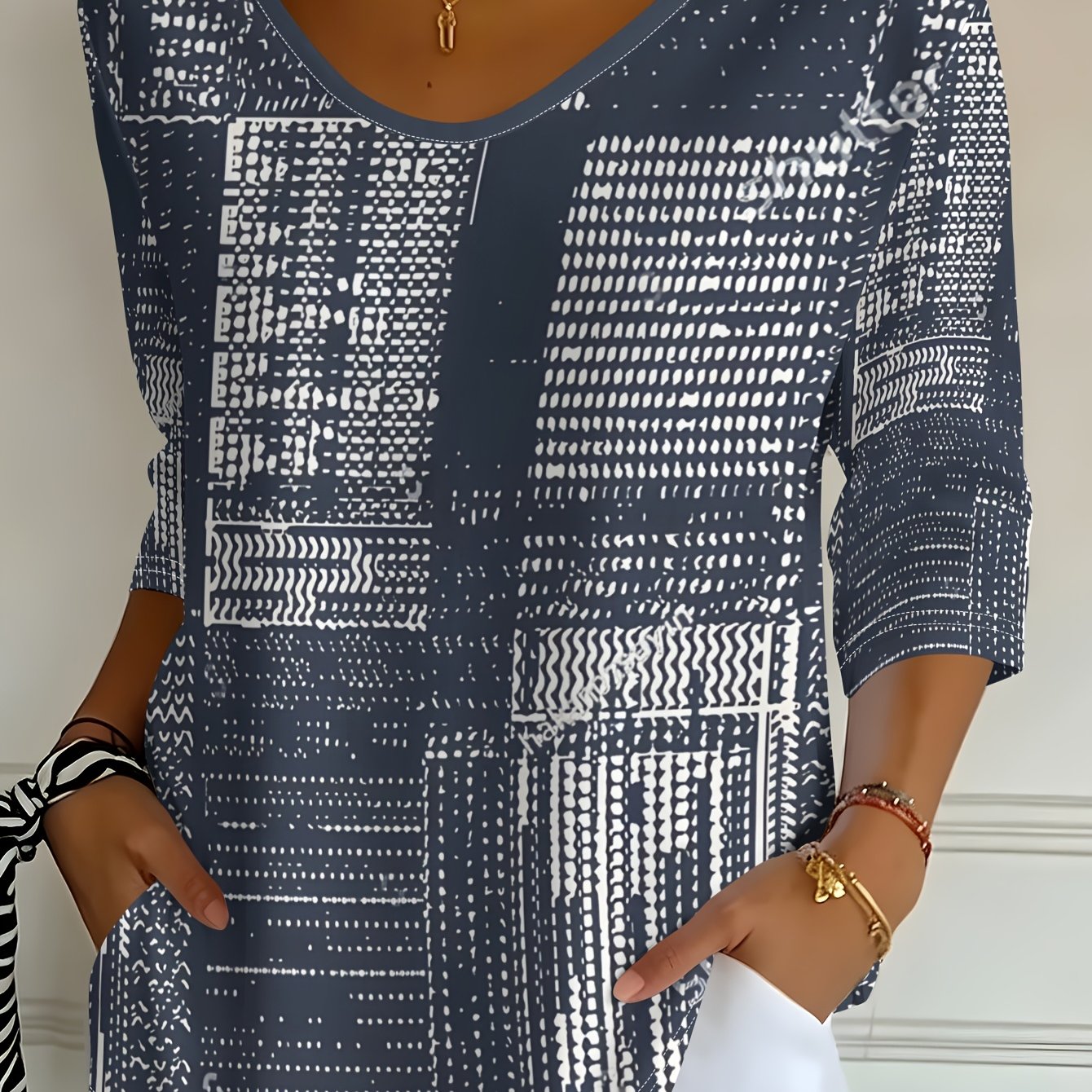 TEMU Casual Fashion Western Style Women's Gray Blue Casual Printed Three-quarter Sleeve V-neck T-shirt Top