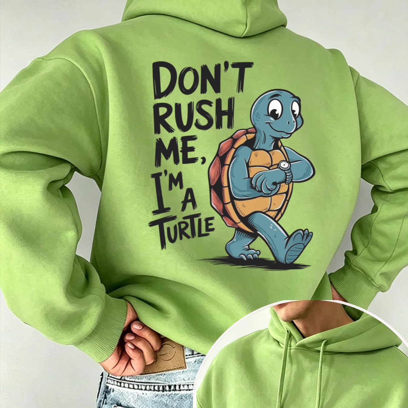 Image of Autumn Winter New Casual Pullover Hoodie For Men Women, Cartoon Turtle Print "don't Me, I'm A Turtle" Street Style, Loose Fit Comfortable Warm, Trendy Drop Shoulder