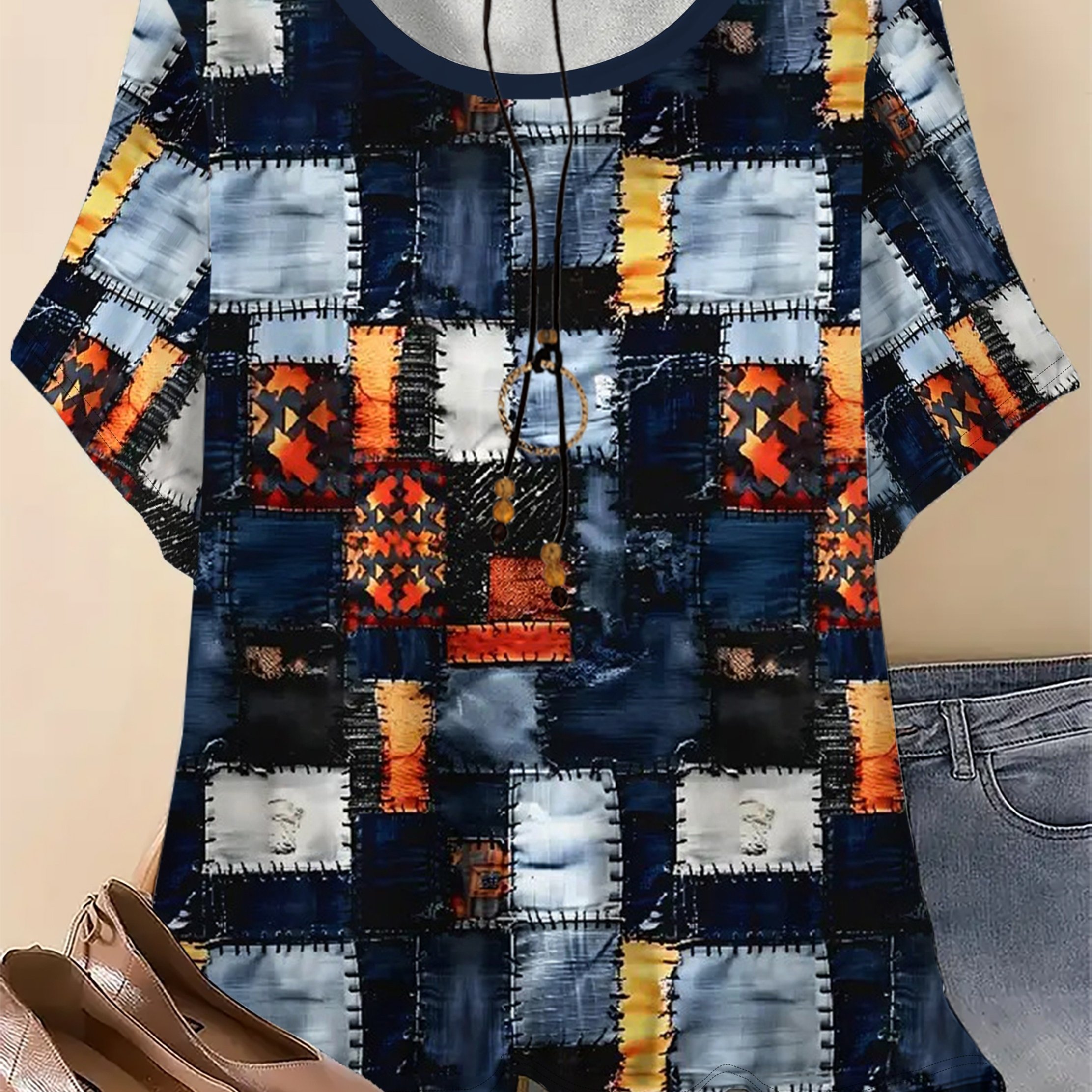 TEMU Plus Size - Plus Size - Summer Casual Oversized Short-sleeve T-shirt For Women Featuring A Colorful Design With Painting Elements And A Round
