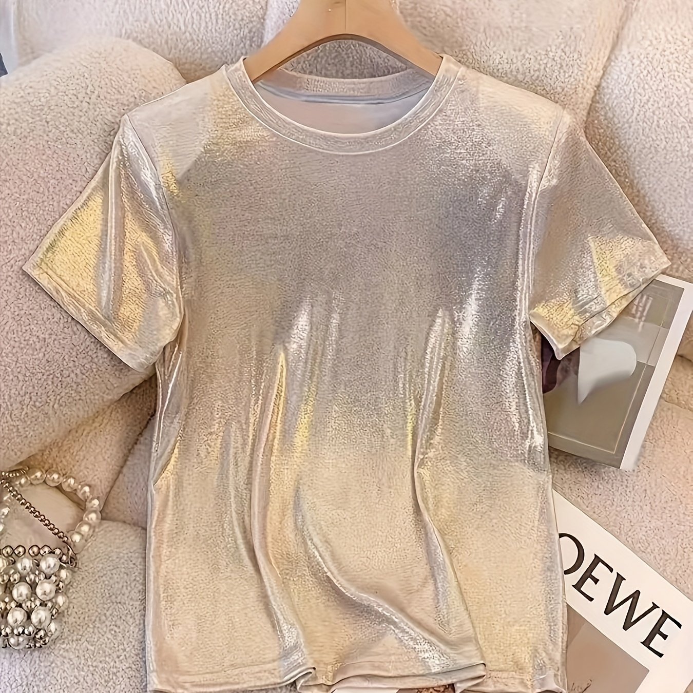 TEMU Elegante camiseta de princesa de inspiración francesa para mujer - Cuello casual, elástica, lavable a máquina - para /verano/otoño