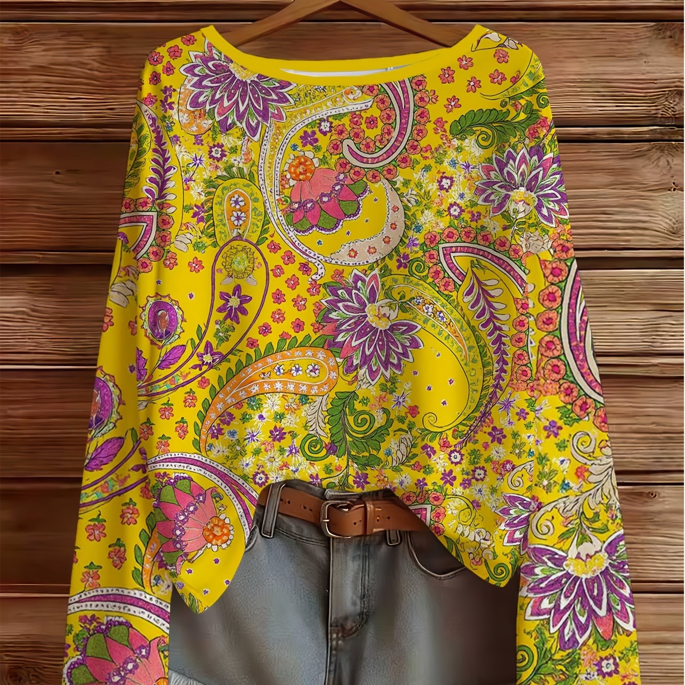 TEMU Plus Size - Women's Plus Size Elegant Style Long Sleeve, Creative Printed Round Neck Suitable For Spring Summer, Fashionable Vacation Daily
