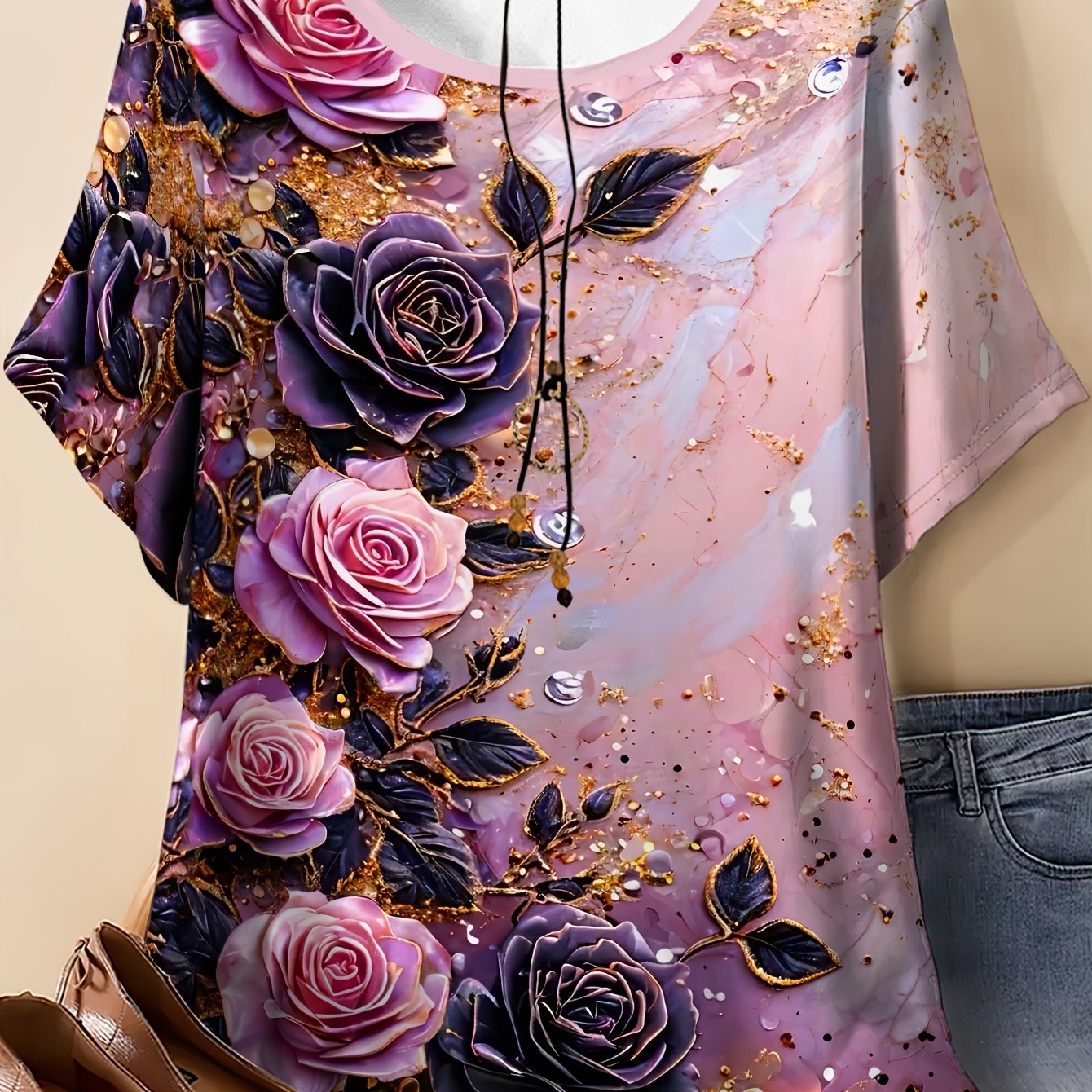 TEMU Plus Size, Women's Plus Size Elegant Rose Short Sleeve T-shirt - Round Neck Blouse, Summer Casual & -casual Machine-washable Summer Top In