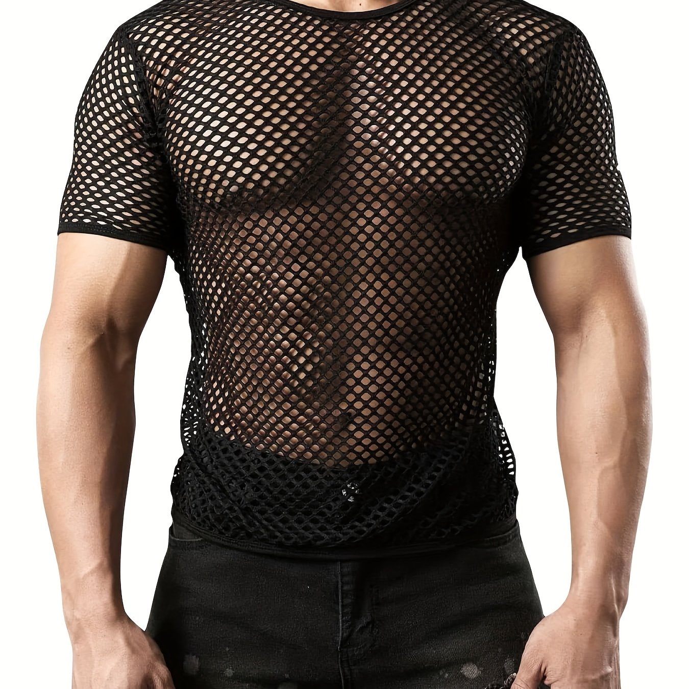 Image of Men's Fashion Sheer Mesh T-shirt - Short Sleeve, Round Neck Design - Lightweight And Breathable, Ideal For Parties, Performances, And Trendy Fashion