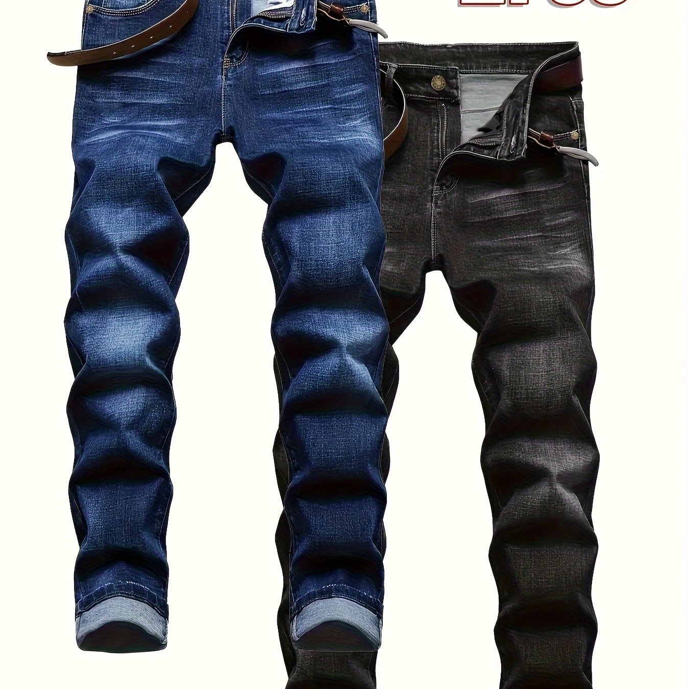 Men's Four-season Style Stretch Slim Straight-leg Jeans, 2-pack, Blue + Black