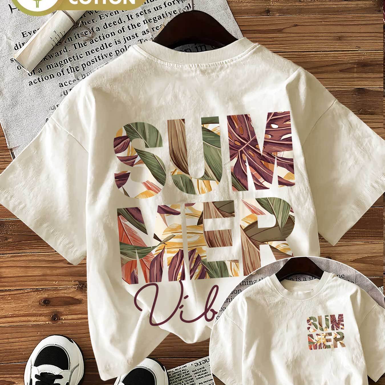 Printed Round-neck Short-sleeve T-shirt For Women, Featuring A Tropical Plant And Leaf Design On Sides