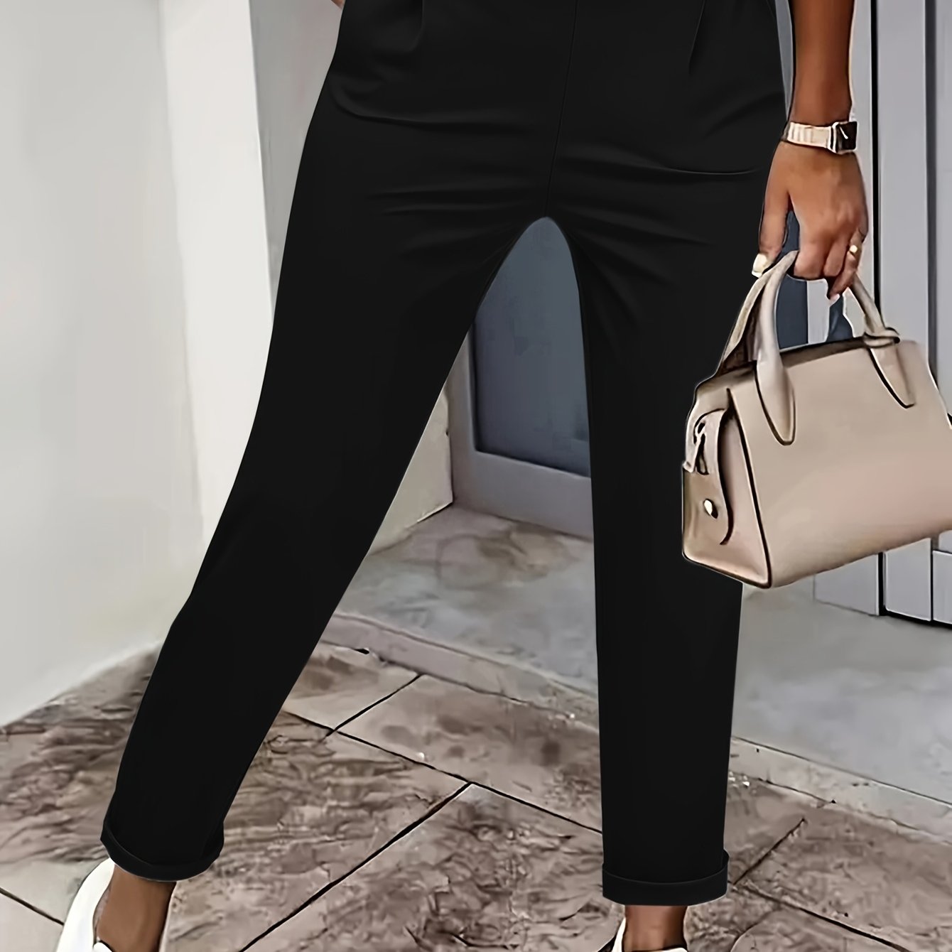 TEMU Easy Comfortable Leg-lengthening Slant Pocket Solid Color Waistband Decor Design Skinny Jeans