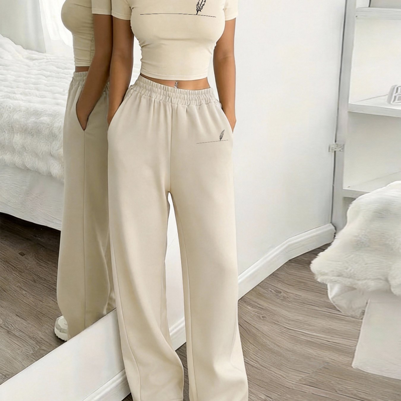 TEMU Casual Two-piece Set With A Slanted Pocket, Featuring A Printed Short-sleeve T-shirt And Loose Wide-leg Pants For Women