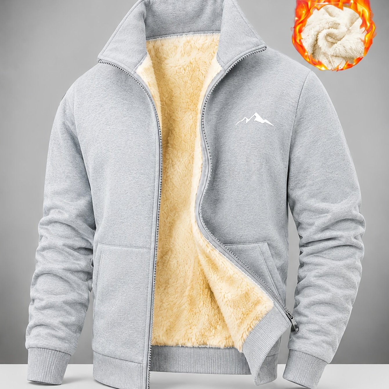 TEMU Men' Fleece Lined Full Zip Jacket, Warm Stand Collar Windproof Casual Coat With Pockets, Thick Thermal Outerwear For Fall & Winter